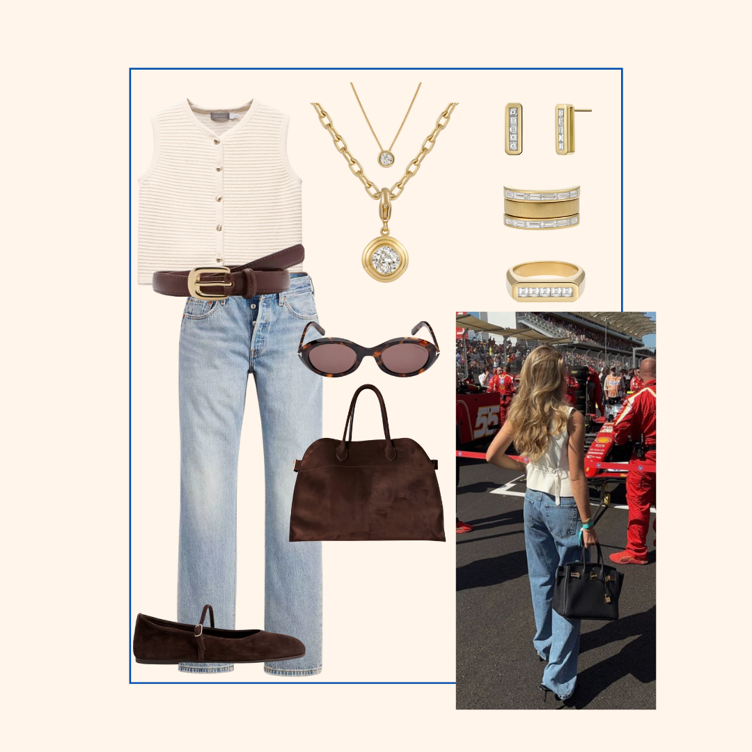 Cassandra Goad fashion collage outfit with diamond gold accessories british grand prix car race