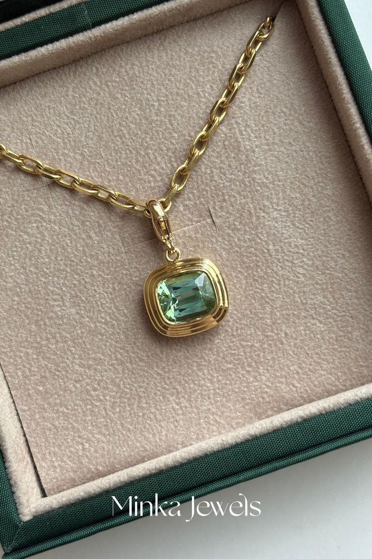 Minka Jewels Athena sea foam green tourmaline pendant necklace displayed in signature packaging