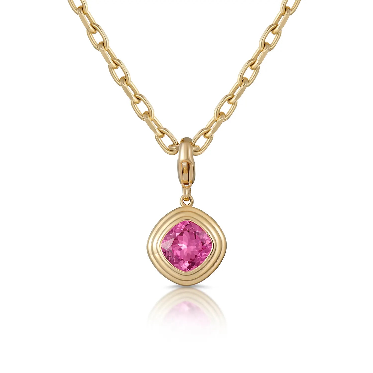 Athena collection bold necklace in 18k yellow gold featuring a 4.50ct cushion-cut pink Tourmaline pendant on an 18-inch chunky trace chain