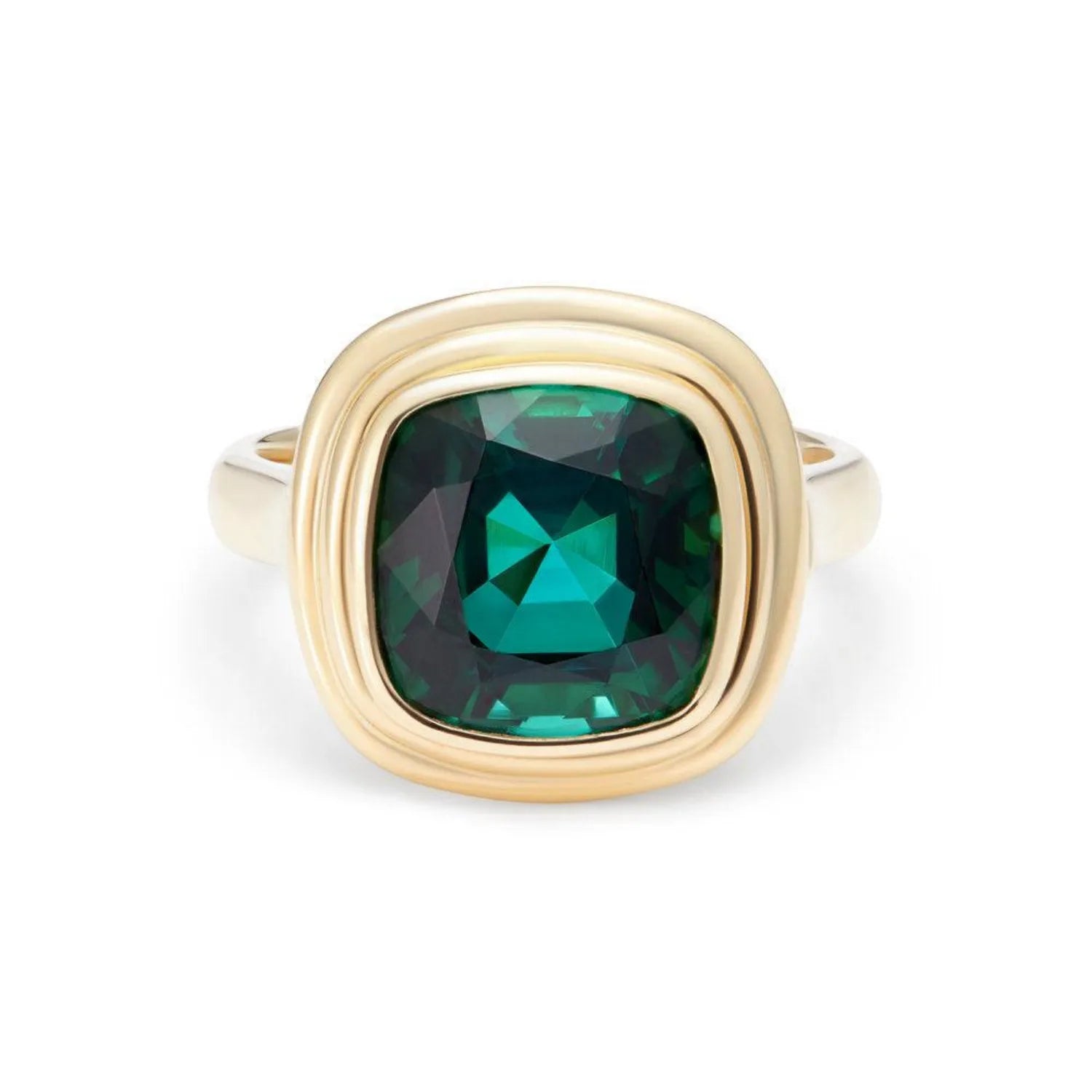 Athena 4.56ct green tourmaline ring in 18k yellow gold featuring cushion-cut forest green tourmaline