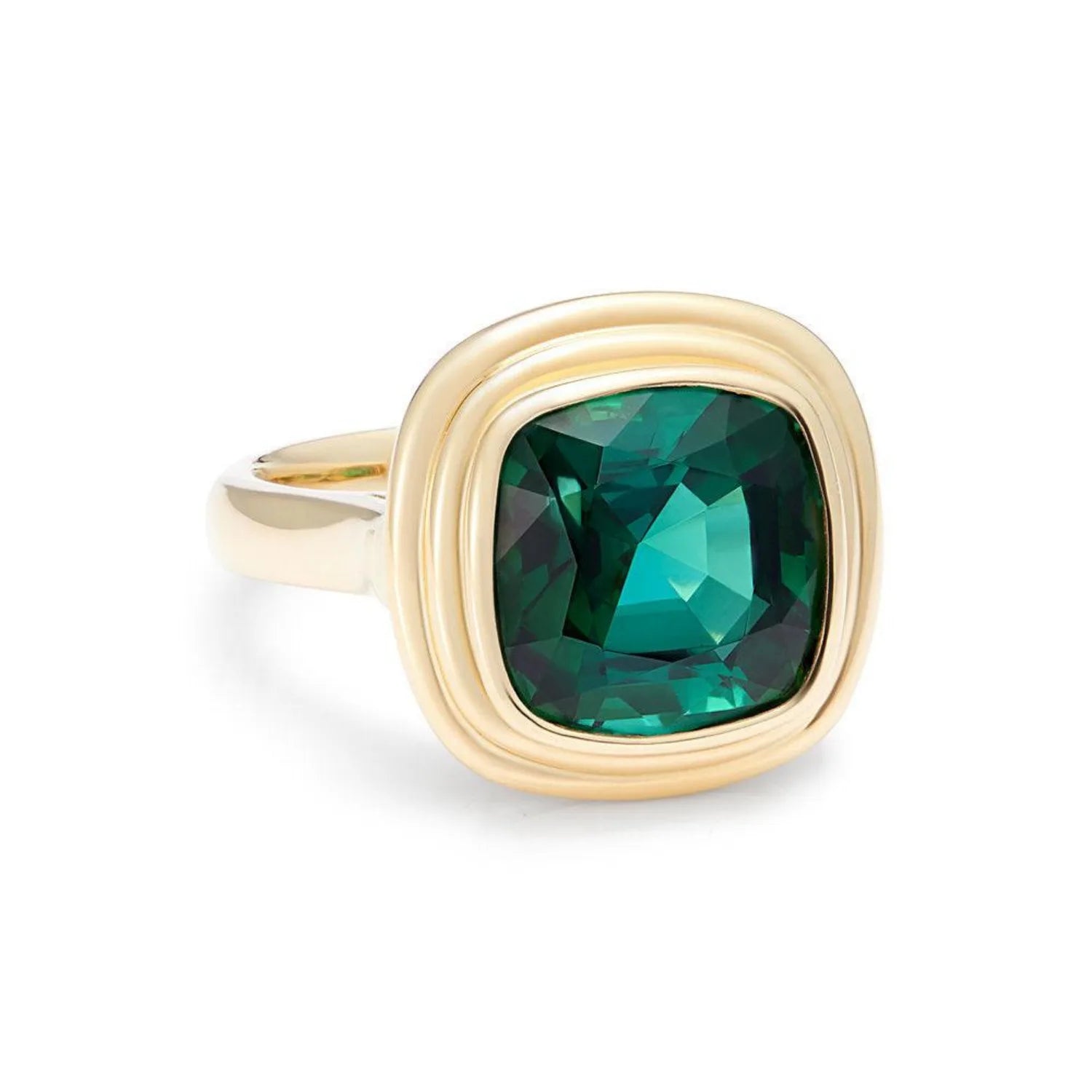 Side view of Athena 4.56ct green tourmaline ring in 18k yellow gold showing setting inspired by classical Greek architecture