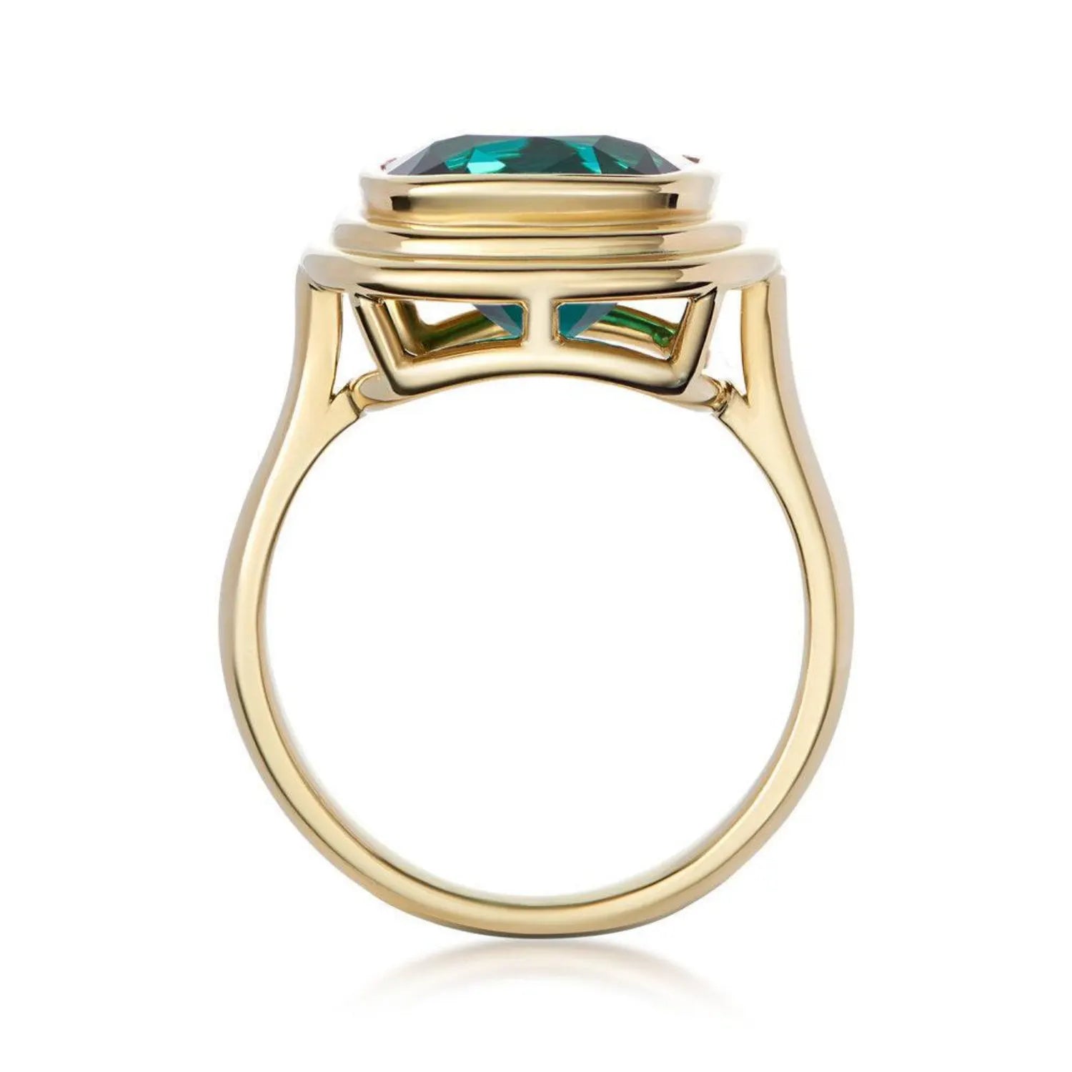 Setting details of Athena 4.56ct green tourmaline ring in 18k yellow gold showing setting inspired by classical Greek architecture