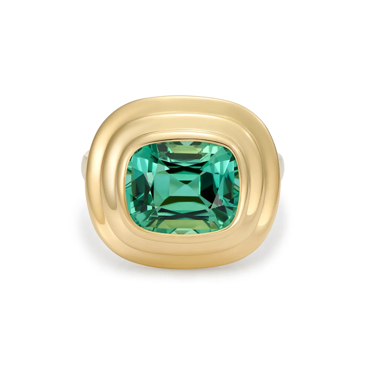Athena 4.80ct blue green tourmaline ring in 18k yellow gold featuring antique cushion-cut tourmaline with vibrant green and blue tones