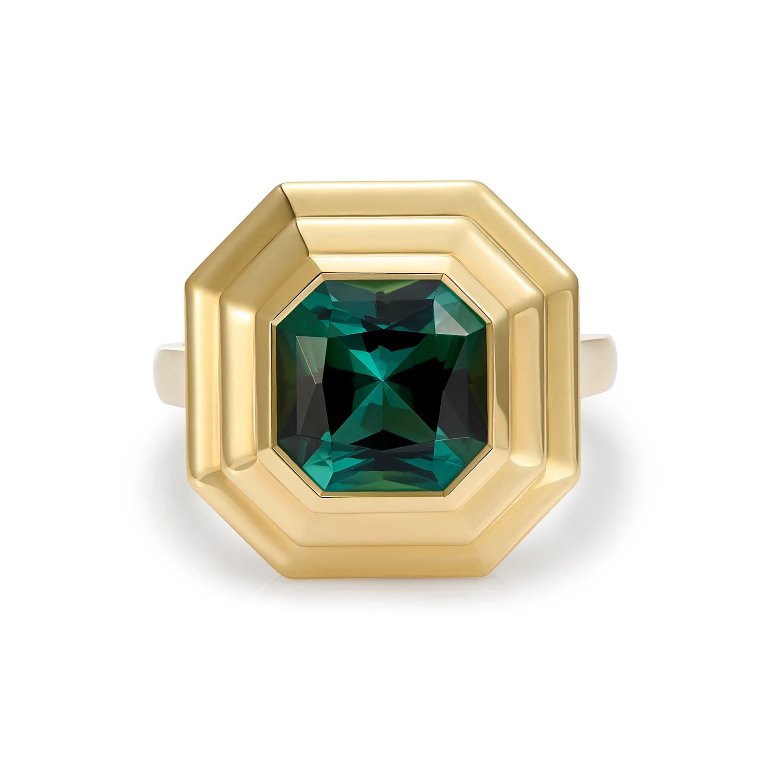 Athena 4ct green tourmaline ring in 18k yellow gold featuring octagonal-cut green tourmaline with step detailing