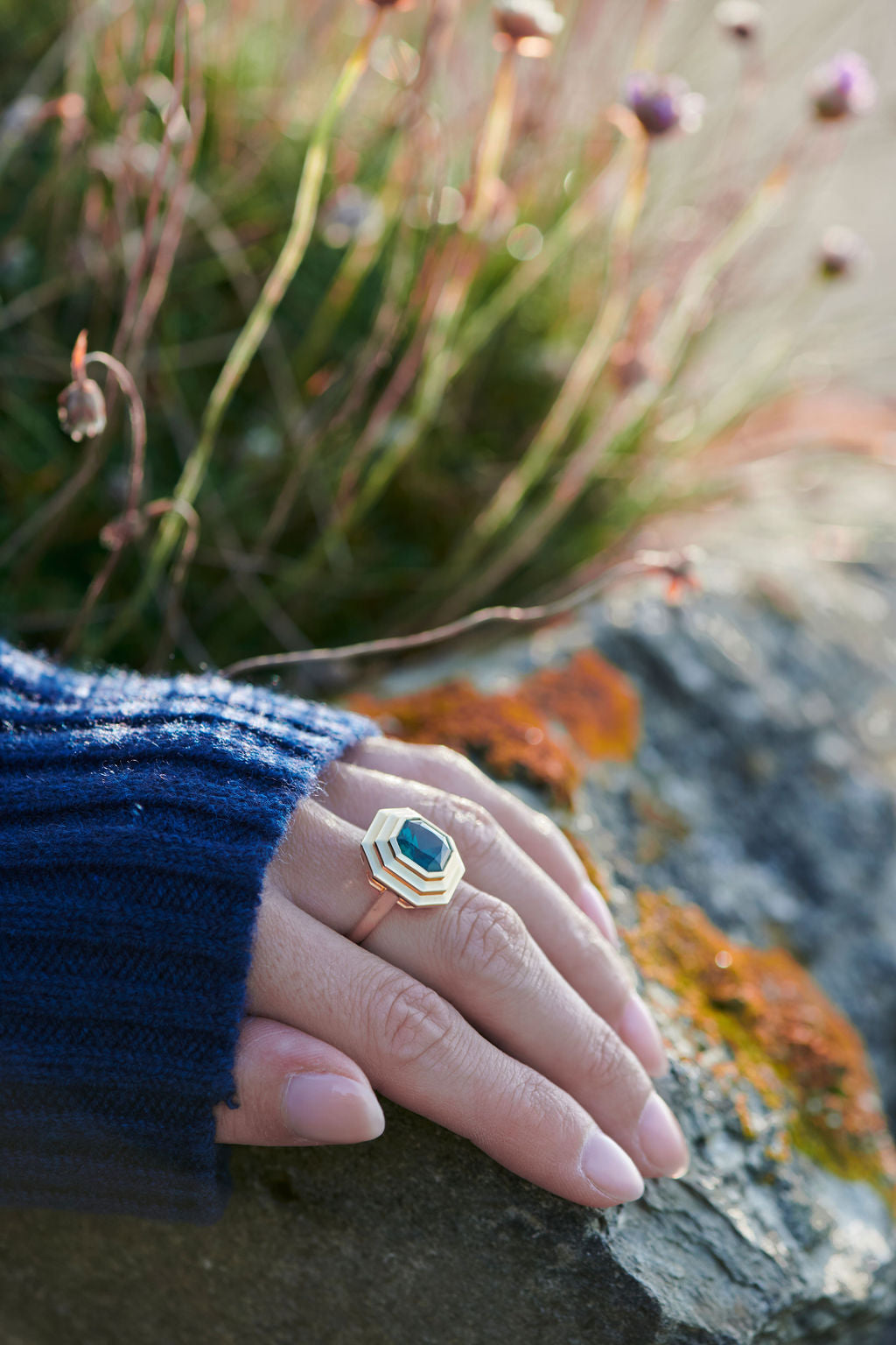 18k yellow gold Athena green tourmaline ring worn on hand by Minka Jewels model