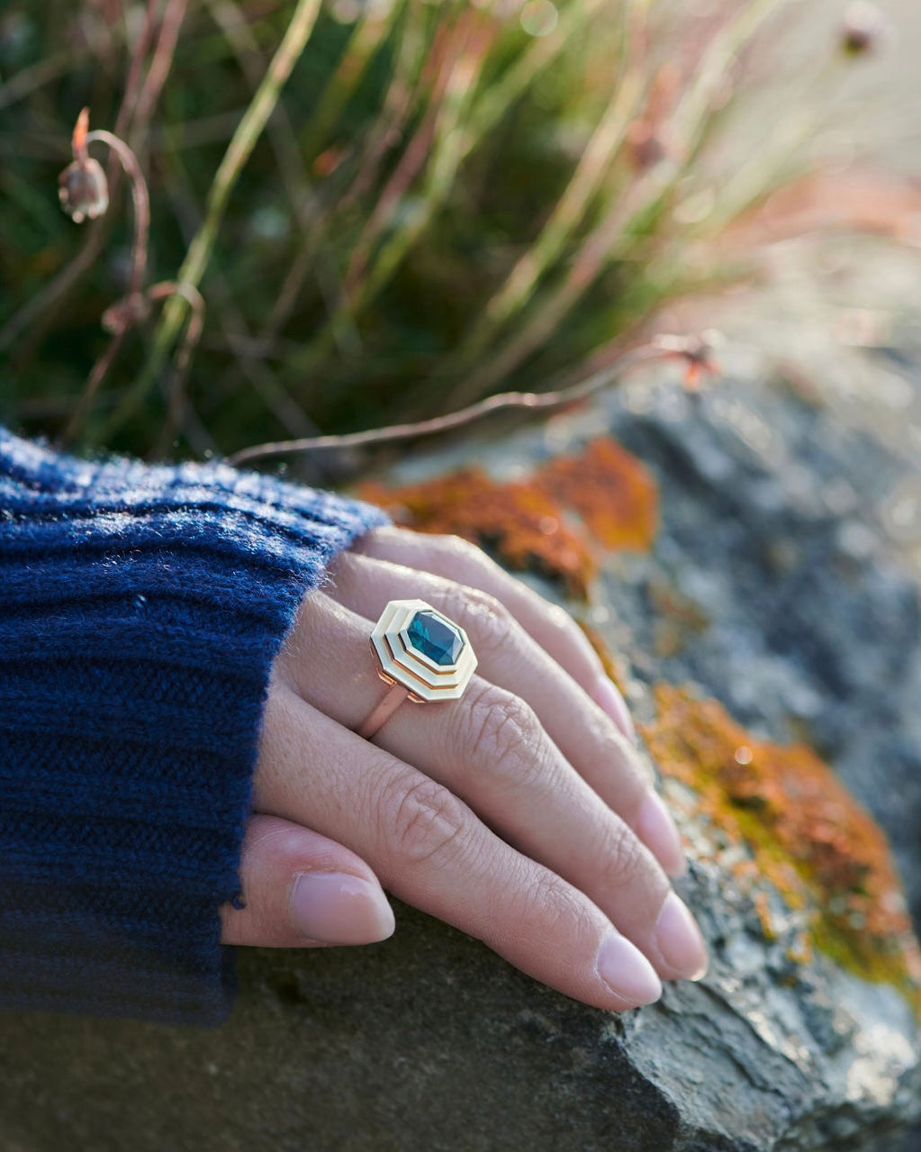 Delaval Knight Chunky geometric octagonal Gold ring with deep blue sapphire/tourmaline gemstone