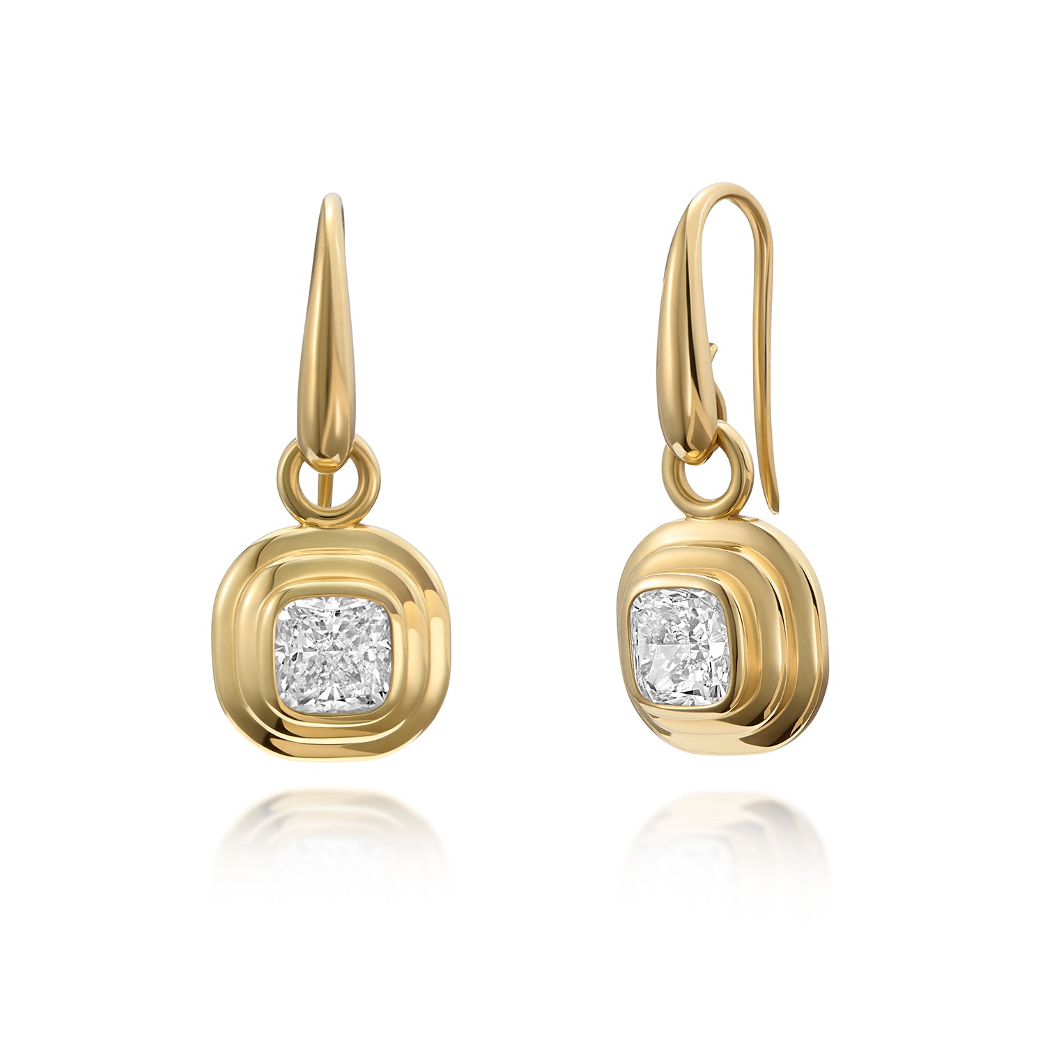 Side profile of 18k yellow gold Athena earrings with cushion-cut white diamonds