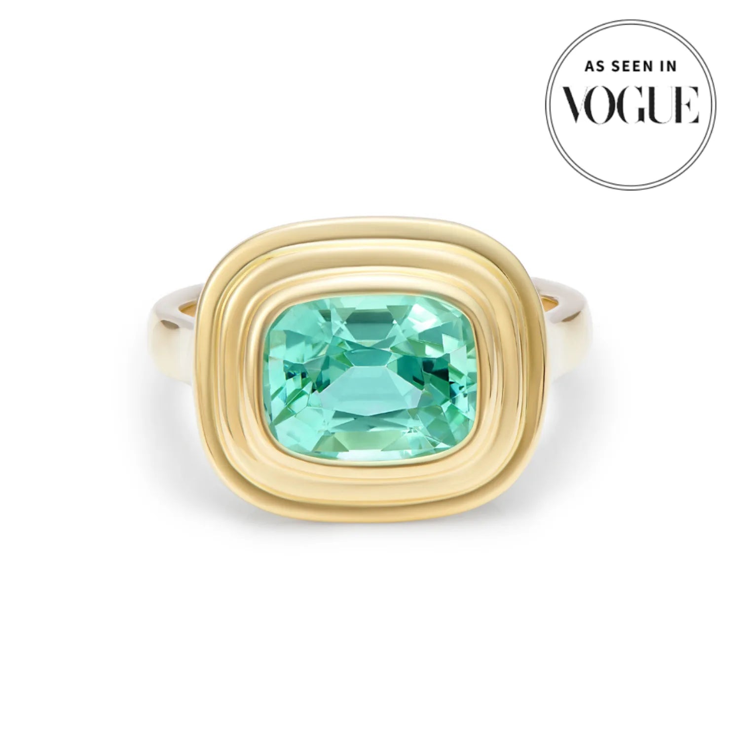 Athena 2.70ct electric blue tourmaline ring in 18k yellow gold featuring cushion-cut blue tourmaline as seen in vogue