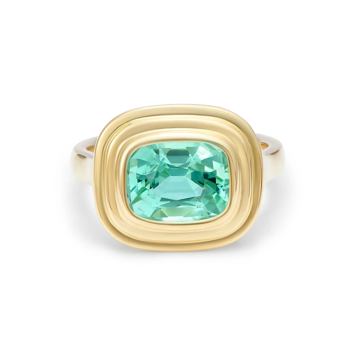 Athena 2.70ct electric blue tourmaline ring in 18k yellow gold featuring cushion-cut blue tourmaline