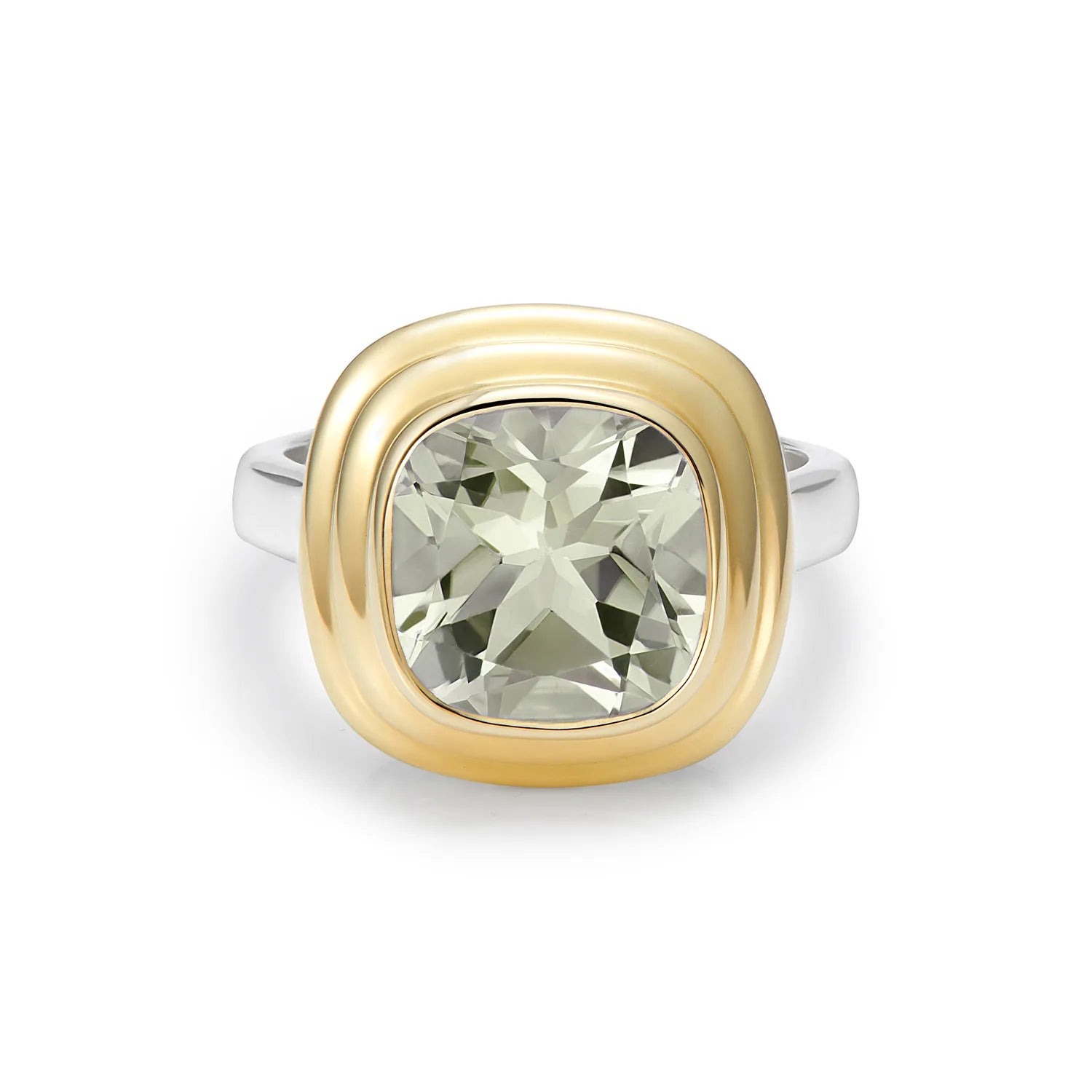 Athena 4ct green amethyst ring in 14k yellow gold and sterling silver featuring cushion-cut green amethyst
