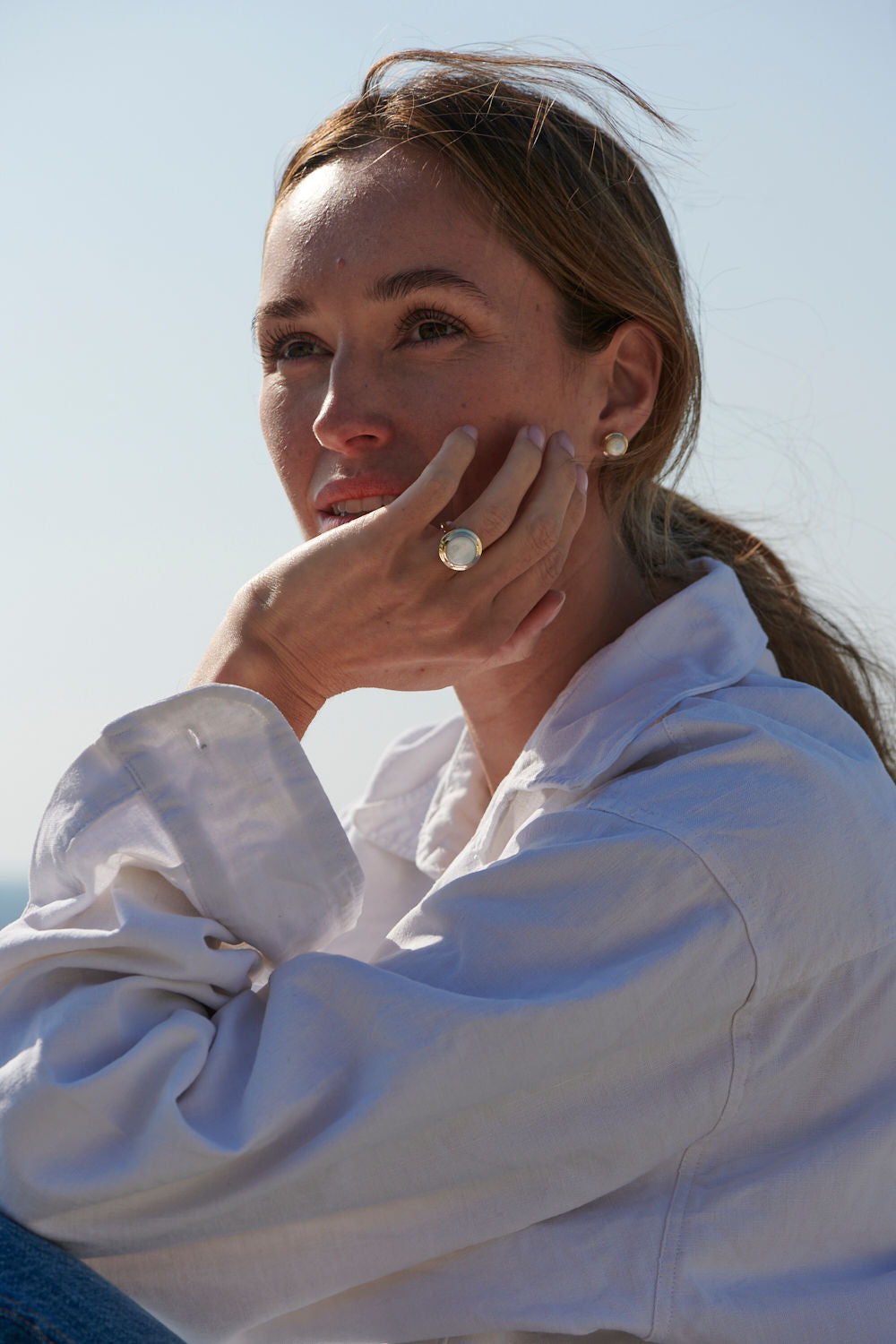 Athena 14k yellow gold Mother of Pearl statement ring worn on model by Minka Jewels