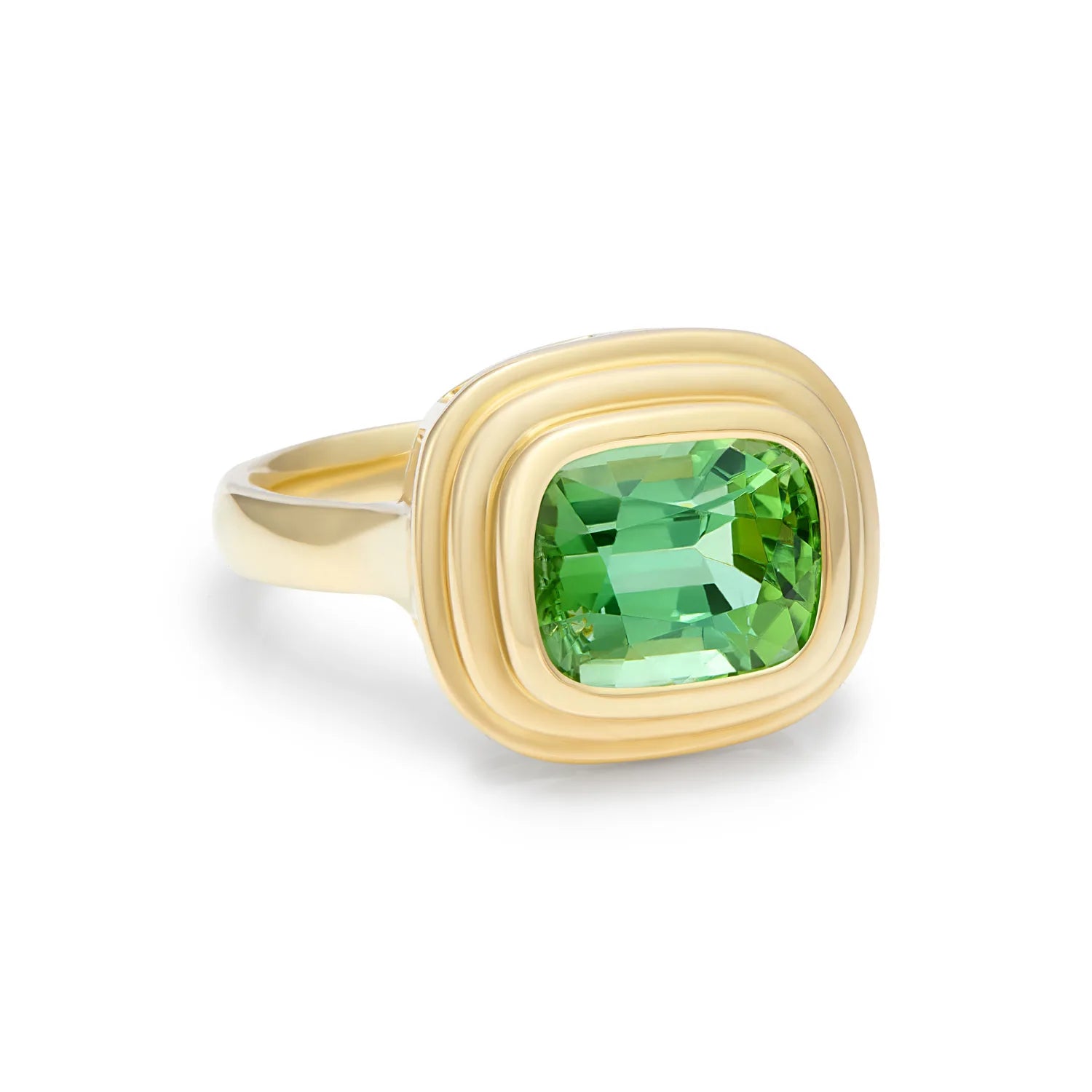 Side view of Athena Medium 3.68ct green tourmaline ring in 18k yellow gold showing sculptural Athena-inspired setting