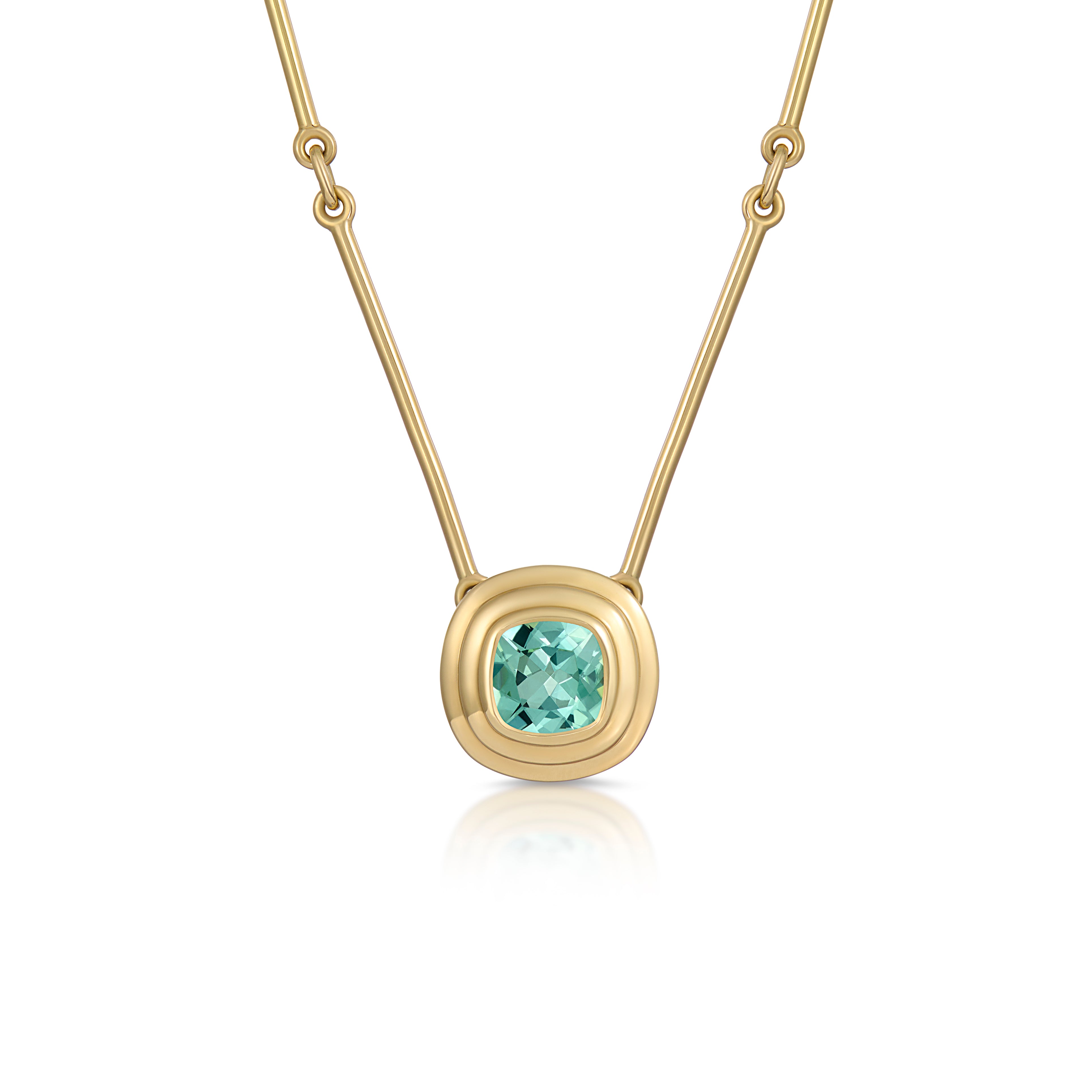 Athena 18k yellow gold necklace with 1ct mint green cushion-cut tourmaline pendant, inspired by classical Greek architecture.