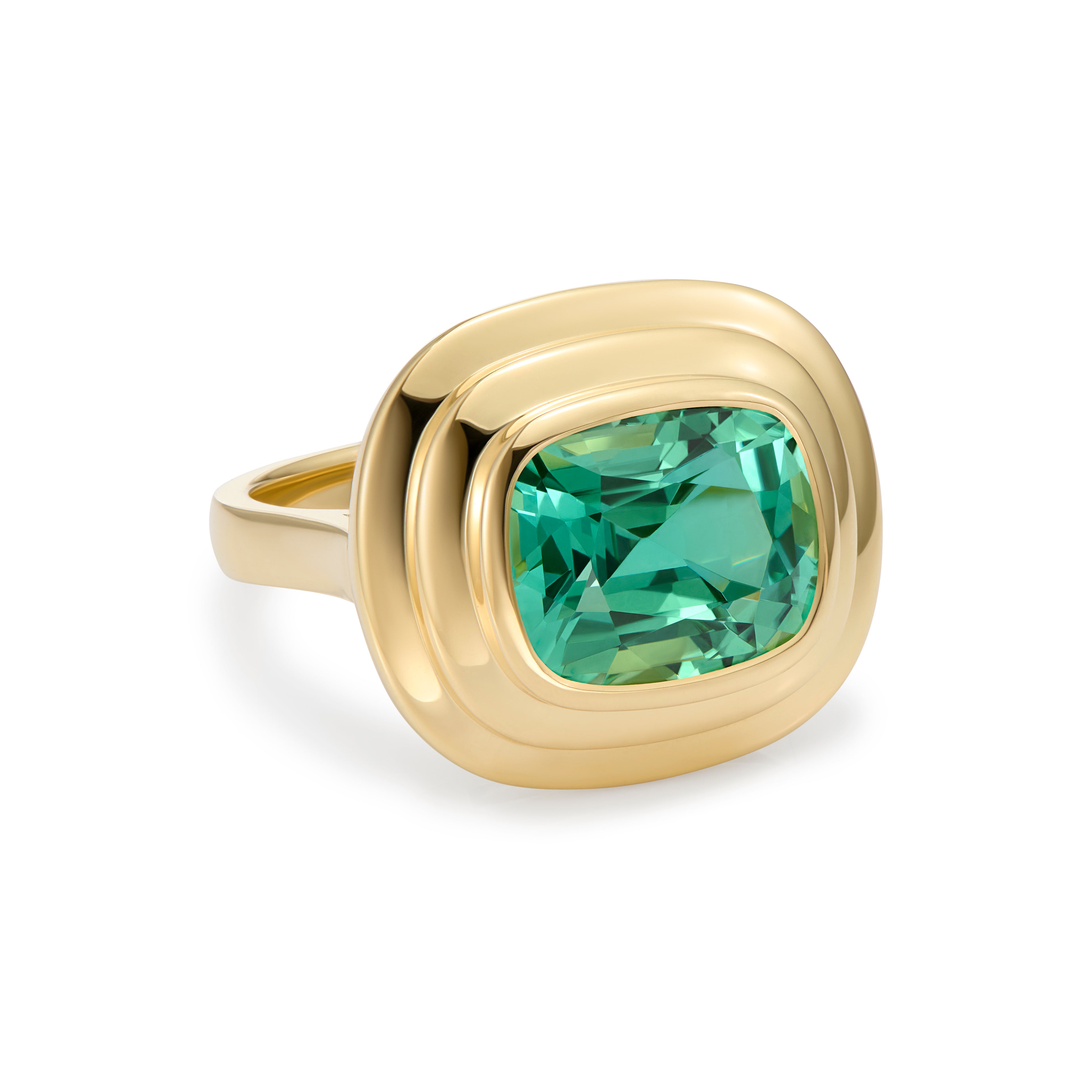 Side view of Athena collection 18k yellow gold ring with a 4.80ct intense blue-green cushion-cut Tourmaline