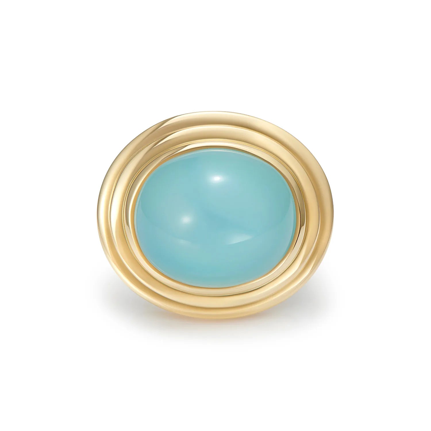 Athena sea blue chalcedony cabochon ring in 18k yellow gold with bold 14x12mm cabochon gemstone
