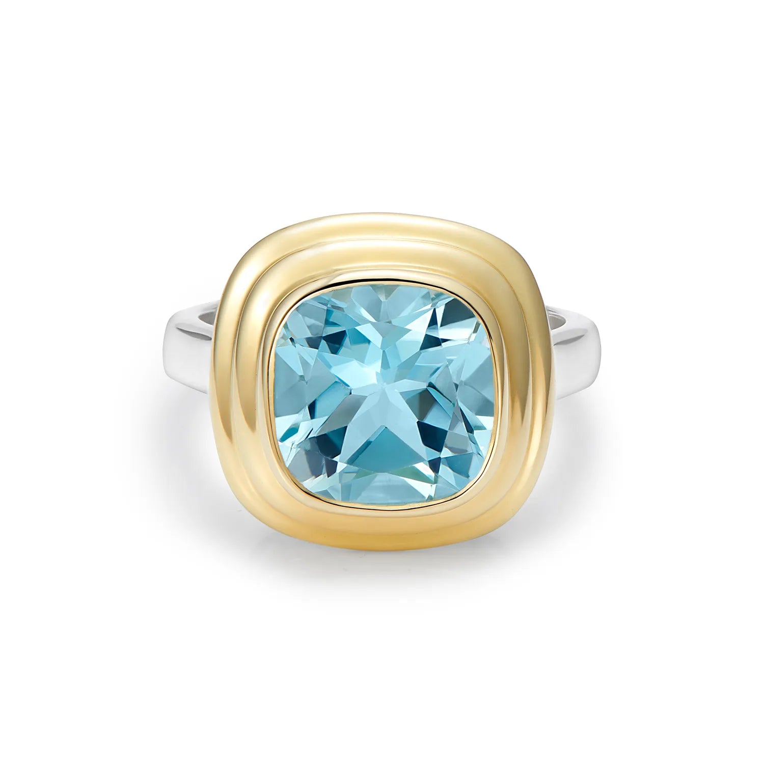 Athena 4ct sky blue topaz ring in 14k yellow gold and sterling silver featuring cushion-cut sky blue topaz