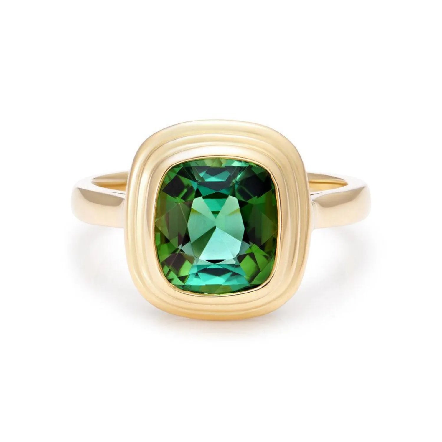 Athena 2.25ct green tourmaline ring in 18k yellow gold featuring cushion-cut vivid green tourmaline