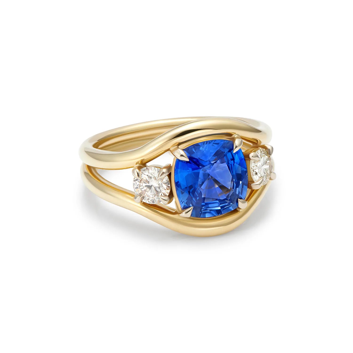 Side view of Atlantis mermaid ring in 18k yellow gold showing mermaid tail-inspired band with white diamonds