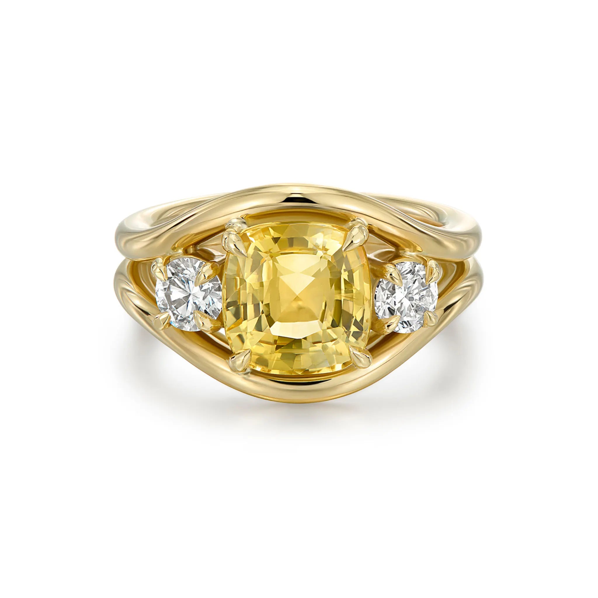 Front view of Atlantis 2.95ct yellow sapphire mermaid ring in 18k yellow gold with square cushion-cut no-heat yellow sapphire and round white diamonds