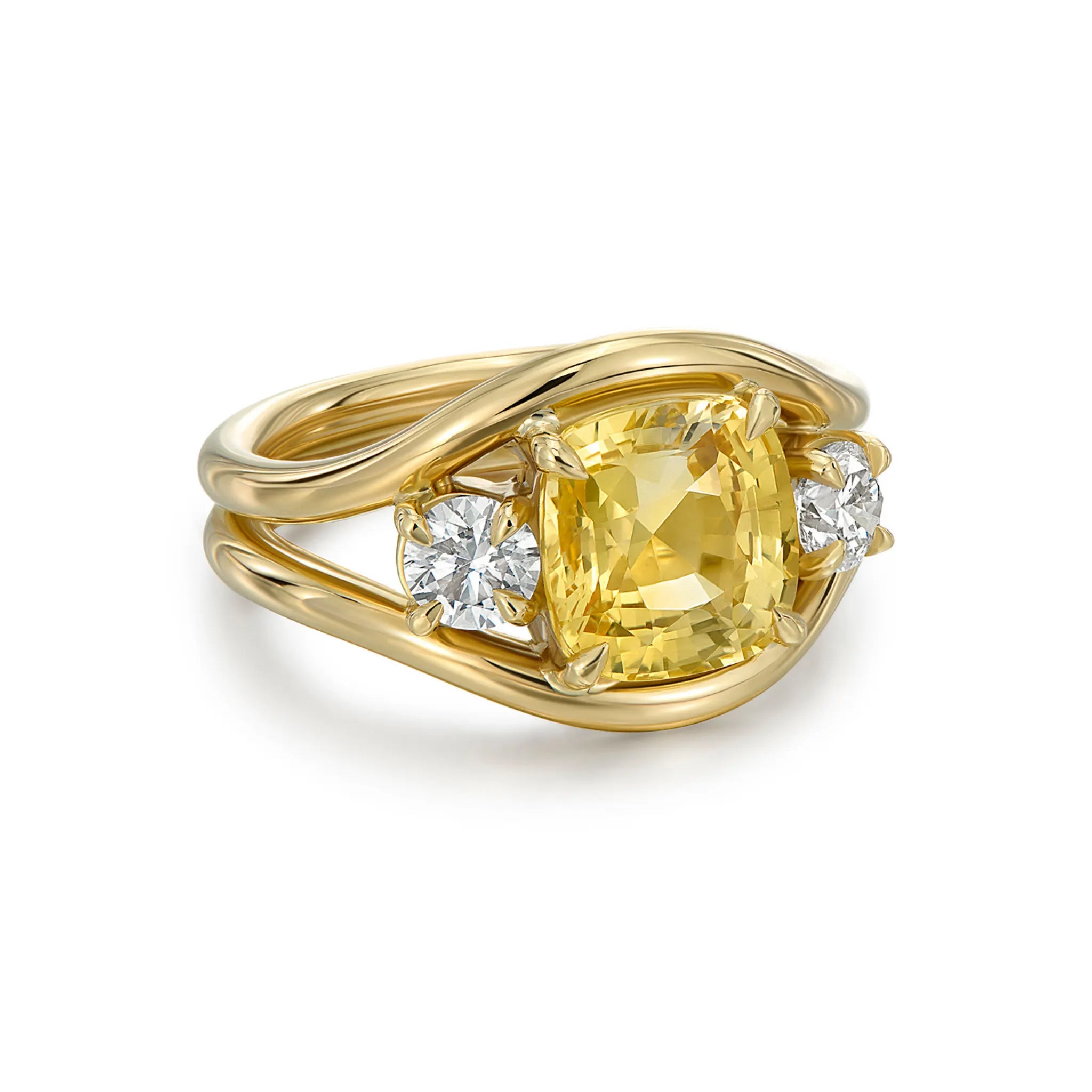 Side view of Atlantis 2.95ct yellow sapphire mermaid ring in 18k yellow gold showing mermaid tail-inspired design with round white diamonds
