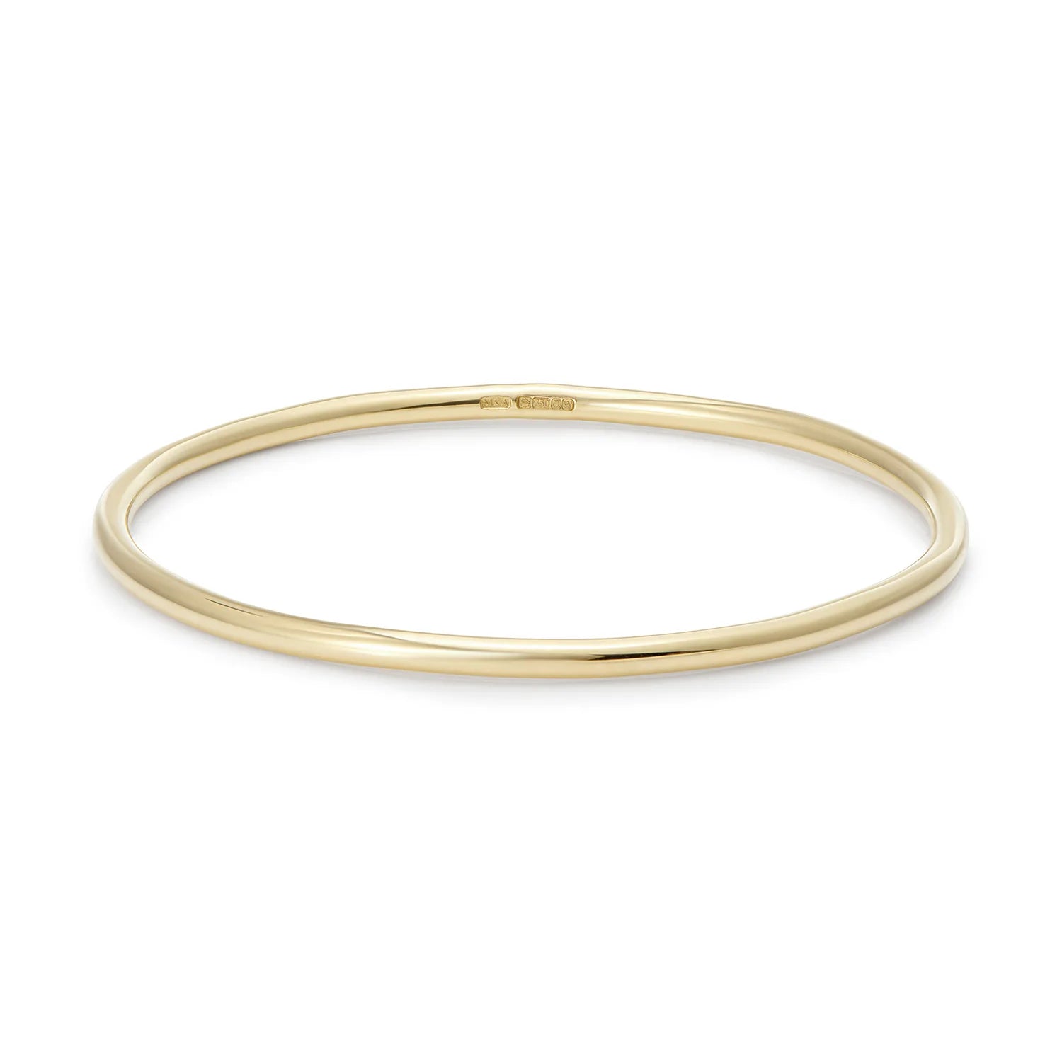 Front view of Atlantis 2mm gold mermaid bangle bracelet in solid 18k yellow gold with mermaid tail-inspired design