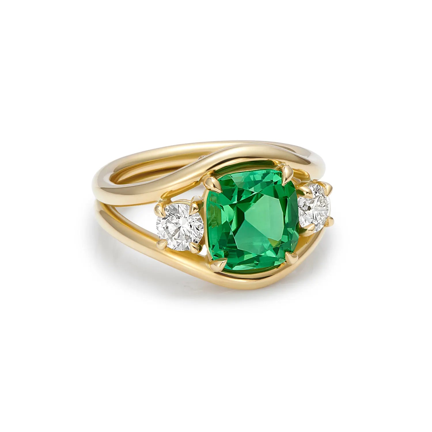 Side view of Atlantis green tourmaline mermaid ring highlighting flowing 18k yellow gold design and diamond accents