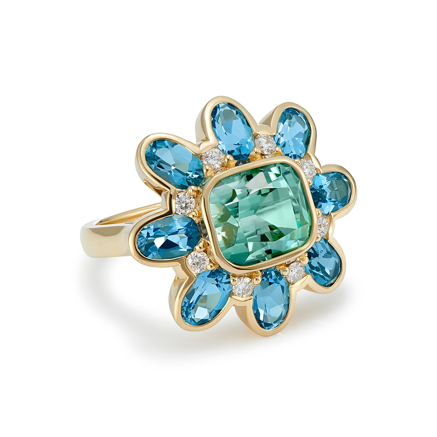 Side view of 18k yellow gold Atlantis collection ring with 5.30ct green Tourmaline, 3.39ct Aquamarine, and 0.32ct diamonds