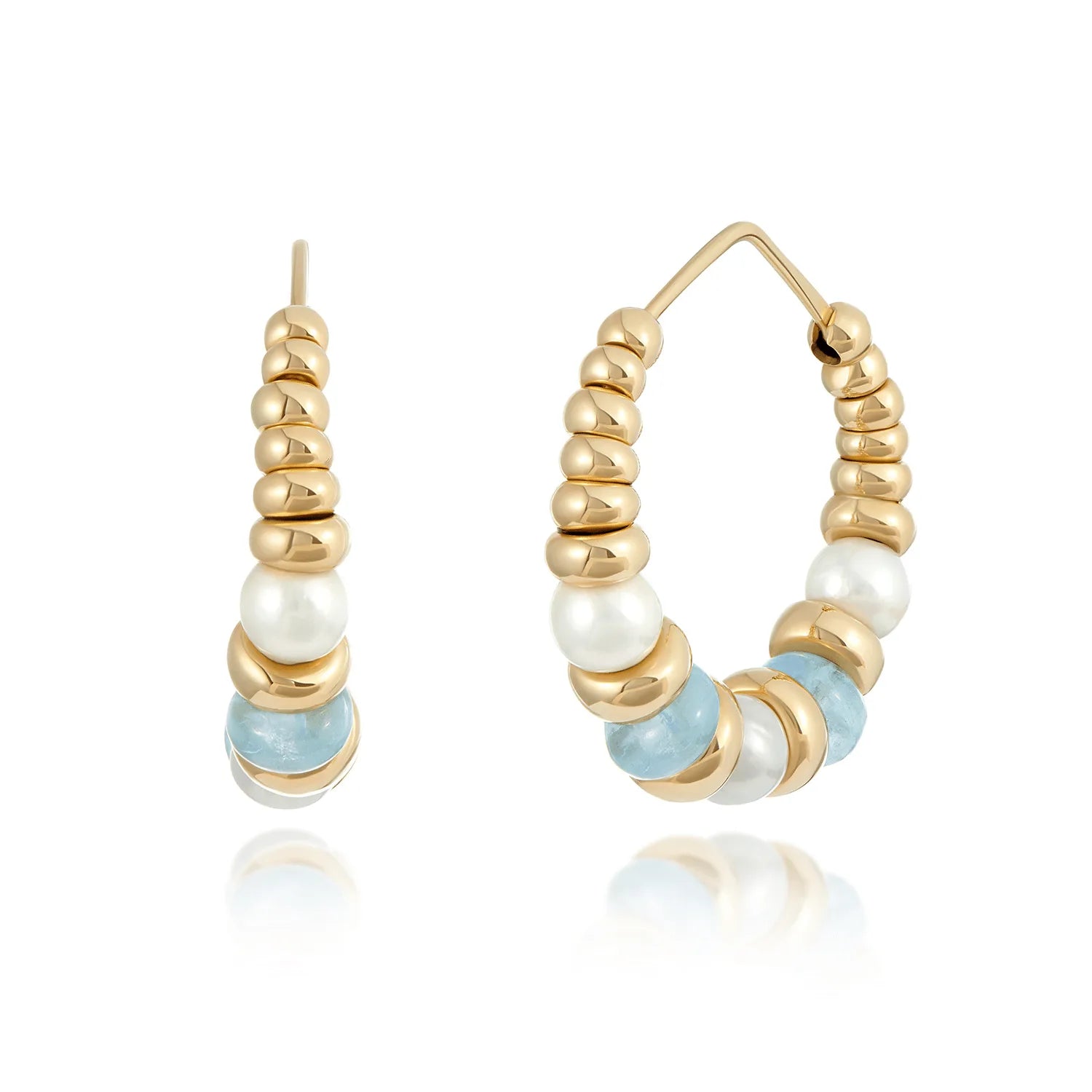 Side view of Atlantis aquamarine and pearl hoop earrings in 18k yellow gold showing 30mm hoop design with aquamarine beads and pearls