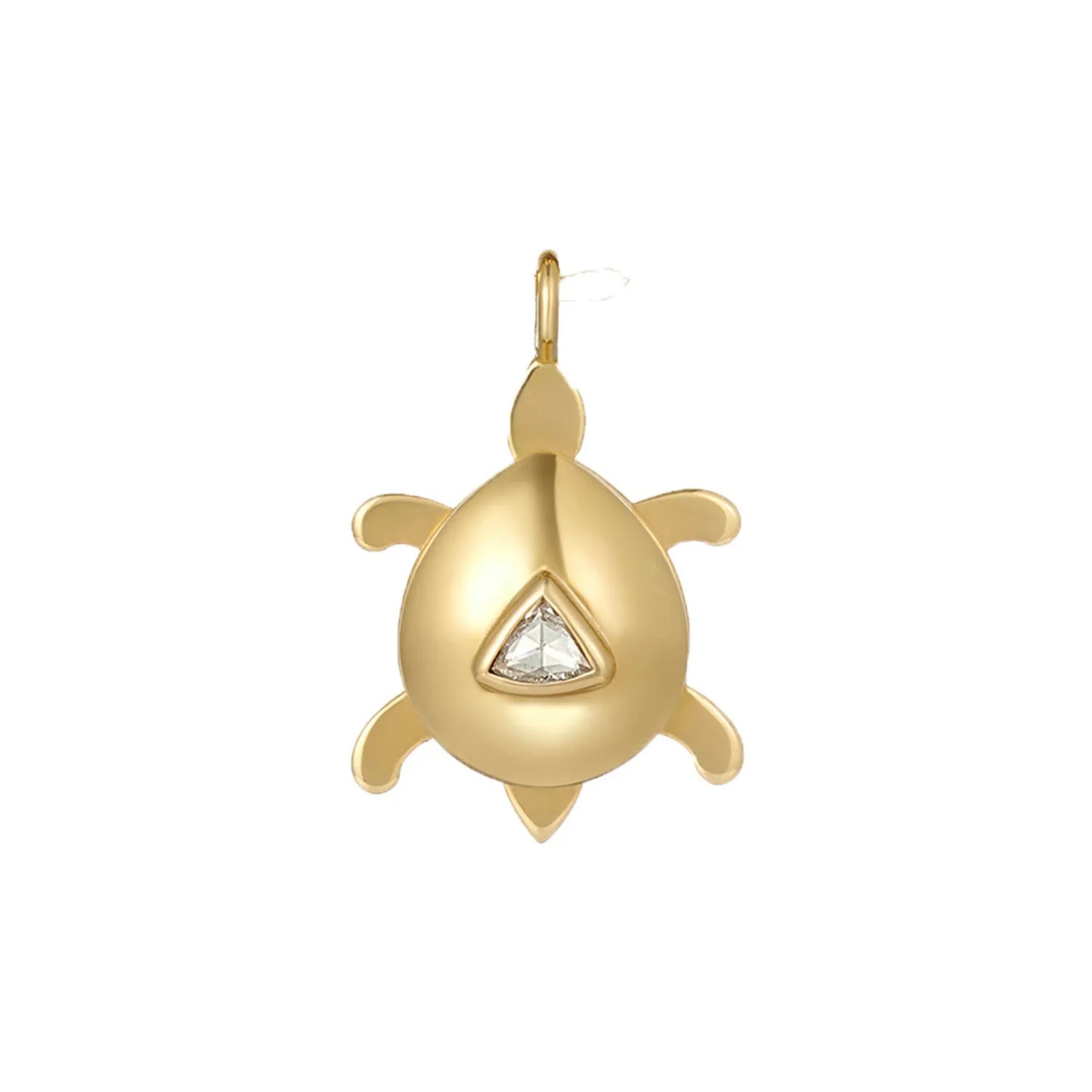 Front view of Atlantis dancing turtle diamond charm in solid 18k yellow gold with trillion-cut diamond