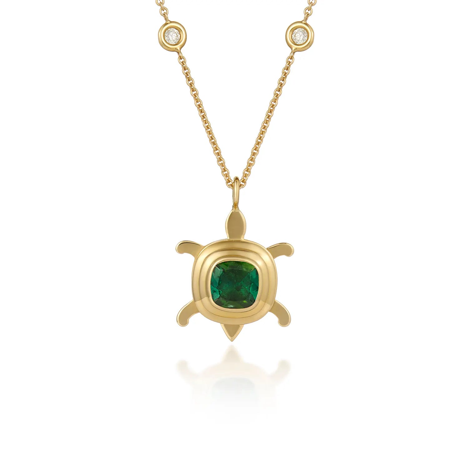 Atlantis dancing turtle tourmaline charm in solid 18k yellow gold worn on a cord or gold chain