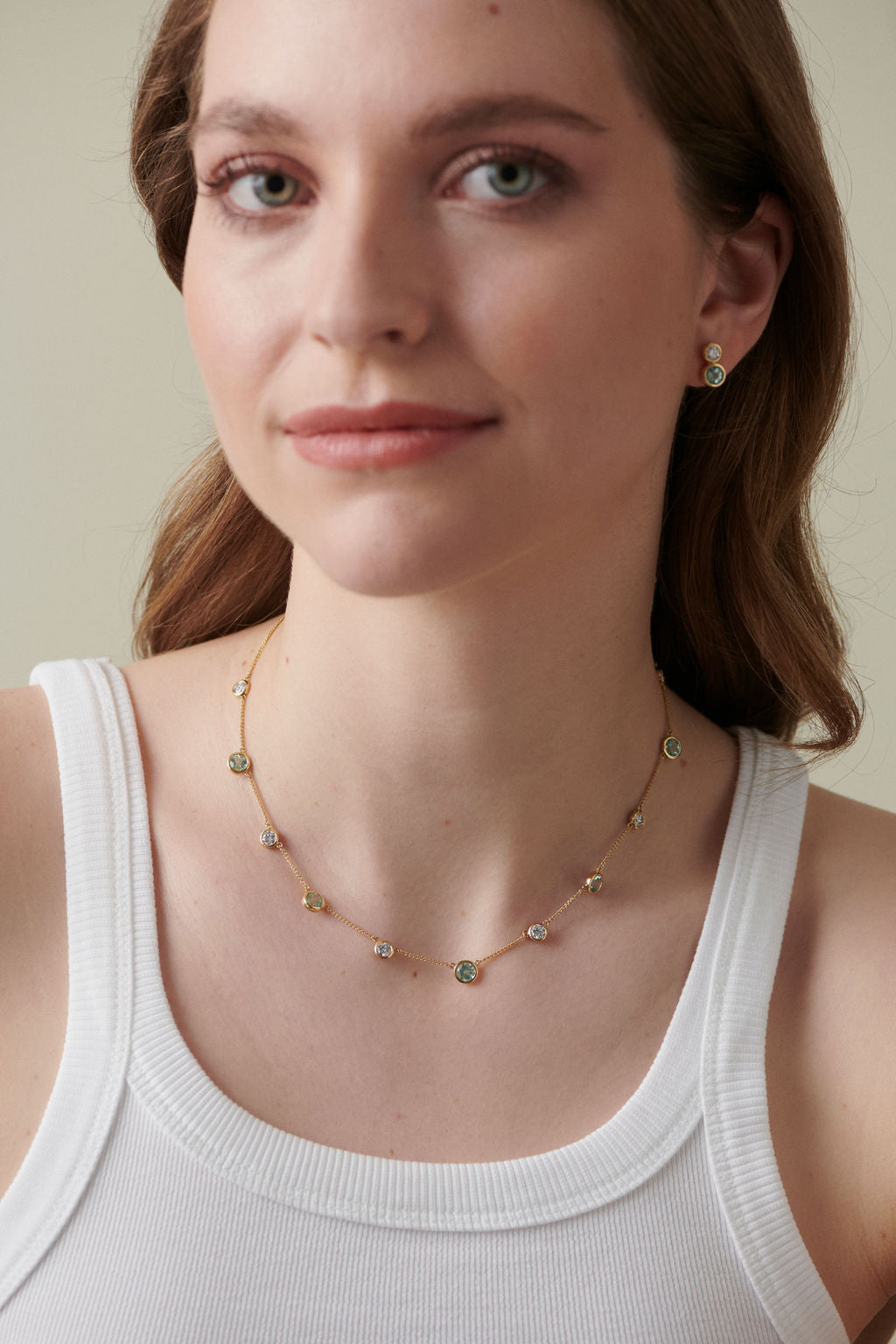 Model wearing Minka Jewels Atlantis Diamond and Tourmaline Necklace styled with matching earrings