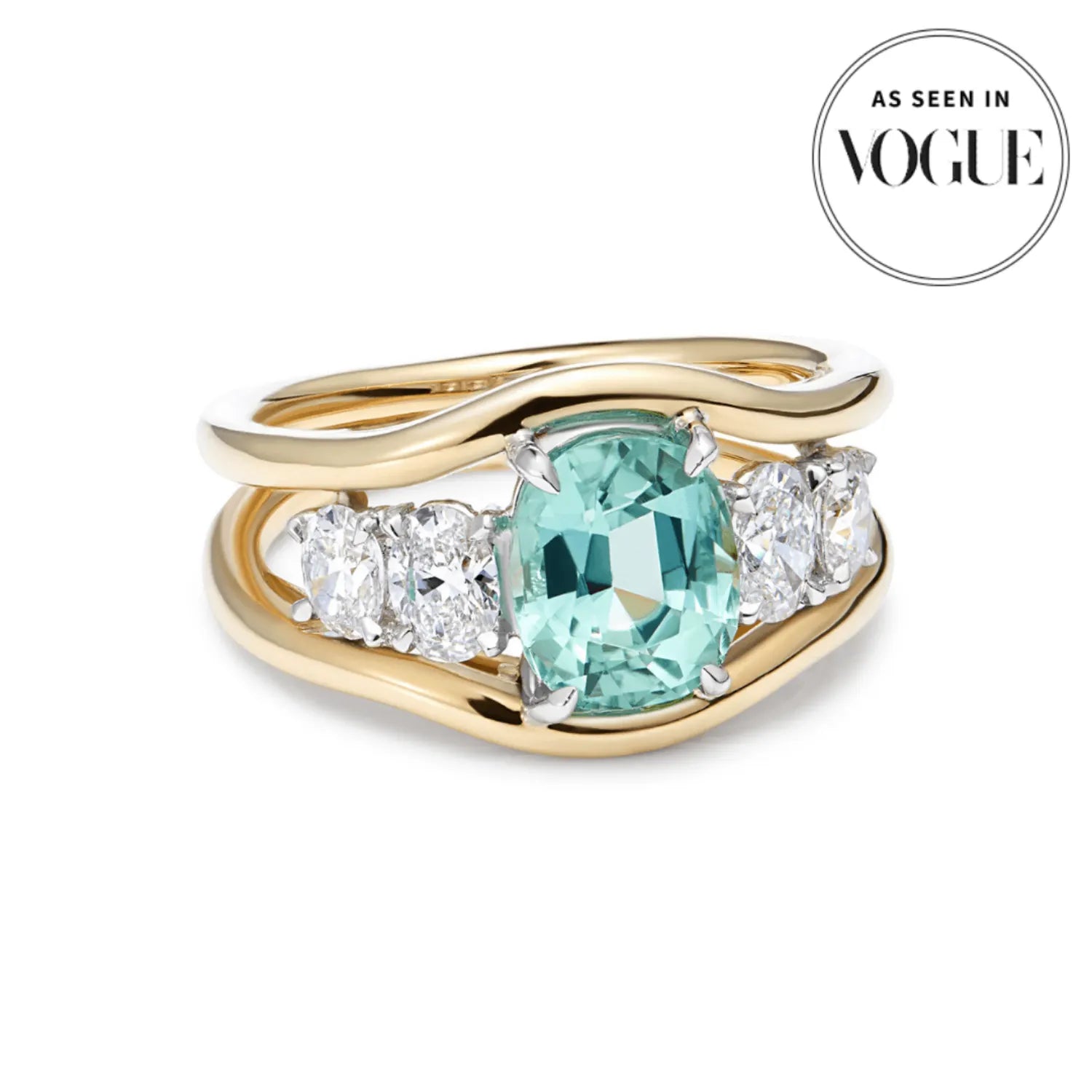 Atlantis green tourmaline and diamond ring in 18k yellow gold featuring one-of-a-kind green tourmaline with four oval-cut white diamonds as seen in vogue