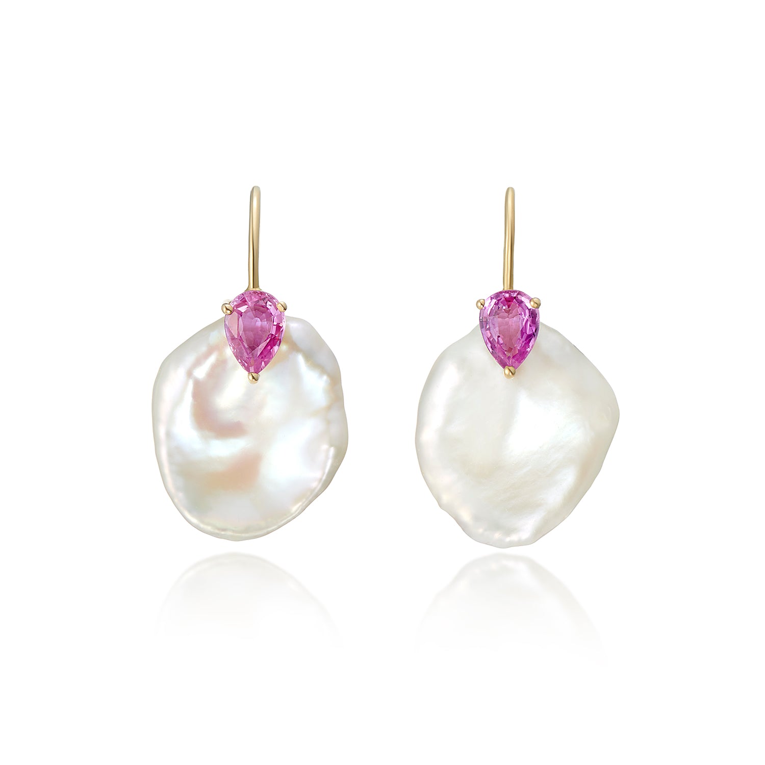 Atlantis sapphire and keshi pearl earrings on white background