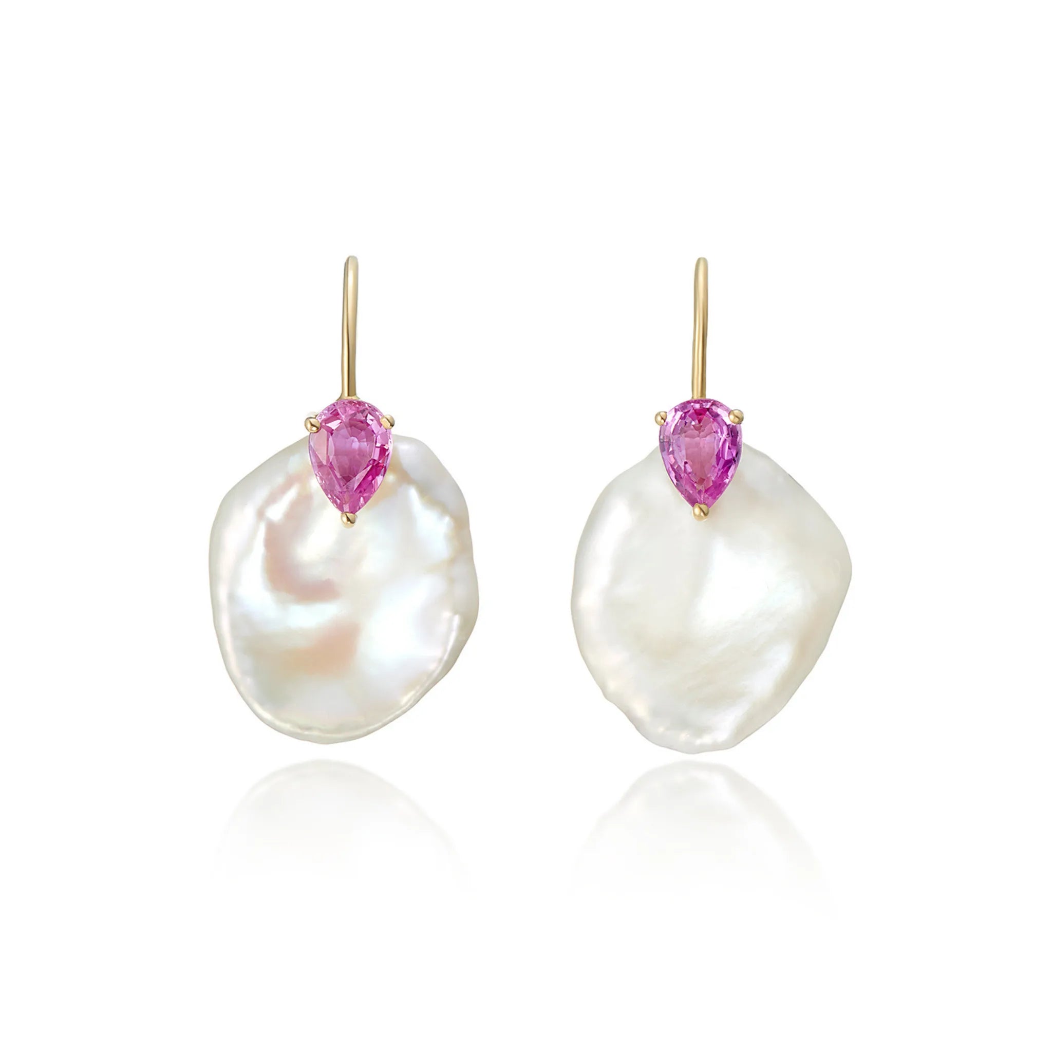 Front view of Atlantis Collection 18k yellow gold earrings with pink pear-shaped sapphires and unique white Keshi pearls
