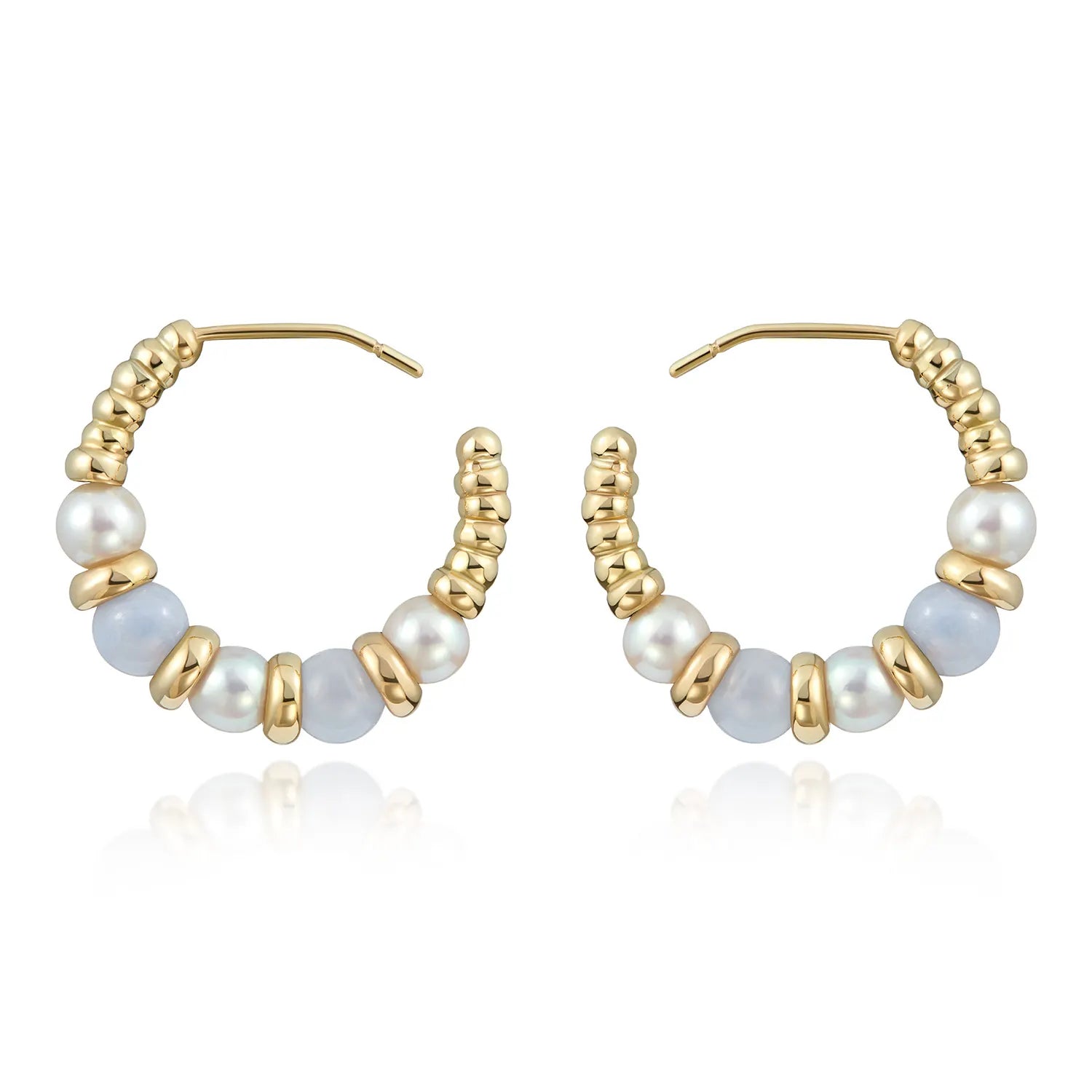Side view of Atlantis Small Chalcedony and Pearl Hoop Earrings in 18k yellow gold showing 25mm hoop design with chalcedony beads and pearls