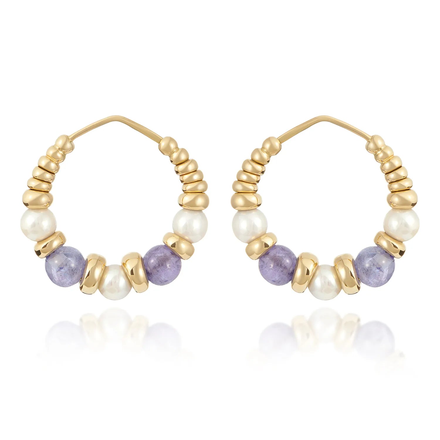 Front view of tanzanite and pearl hoop earrings in 18k yellow gold with purple beads and white freshwater pearls