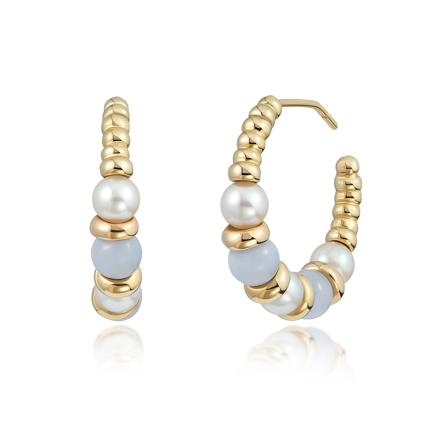 Atlantis chalcedony and pearl hoop earrings in 18k yellow gold by Minka Jewels