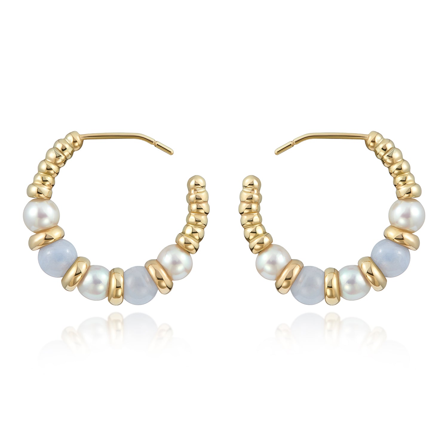 Side view of 18k yellow gold hoop earrings with pale blue chalcedony and white pearls