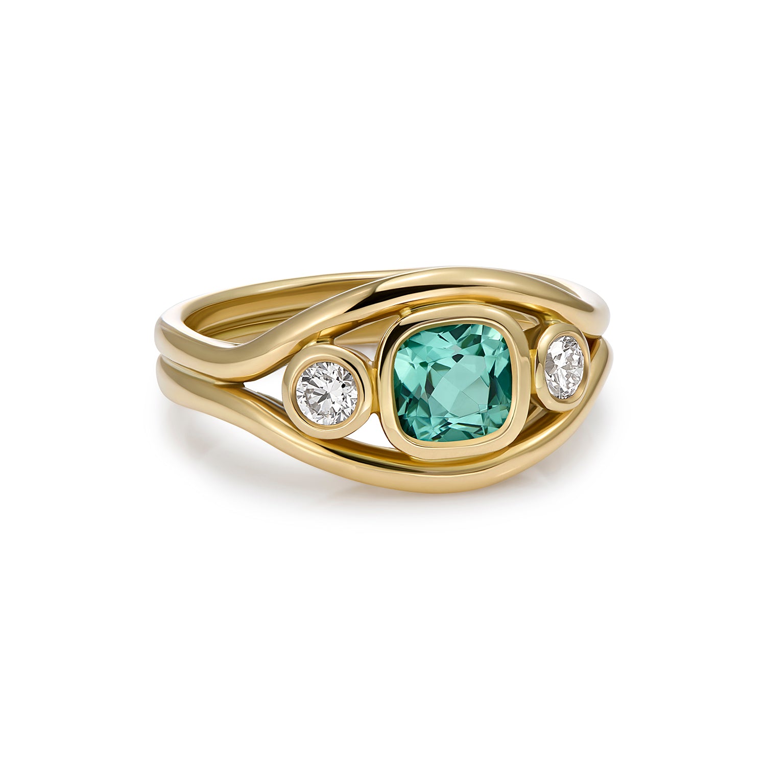 Side view of Atlantis ocean blue tourmaline and diamond ring showing curved mermaid-inspired band