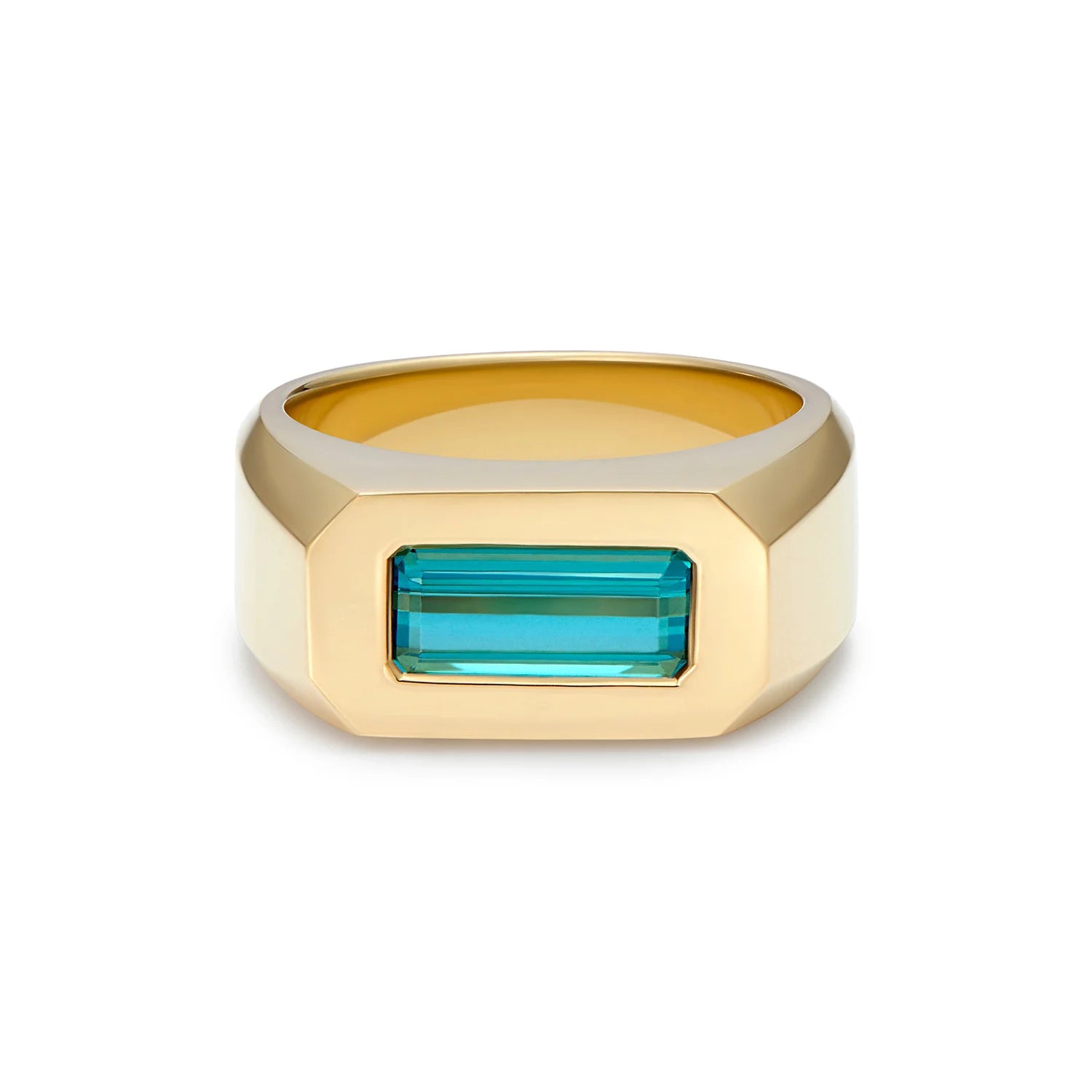 Teal Tourmaline Gypsy Ring in 18k yellow gold with 1.50ct deep-set tourmaline, bold sculptural unisex design