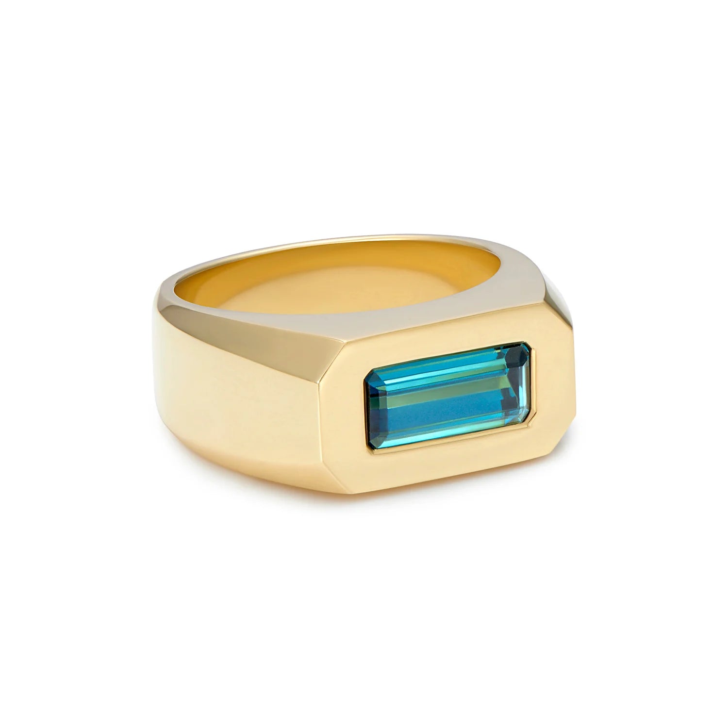 Side view of teal tourmaline gypsy ring, smooth 18k gold band with 1.50ct deep-set tourmaline, chunky silhouette.