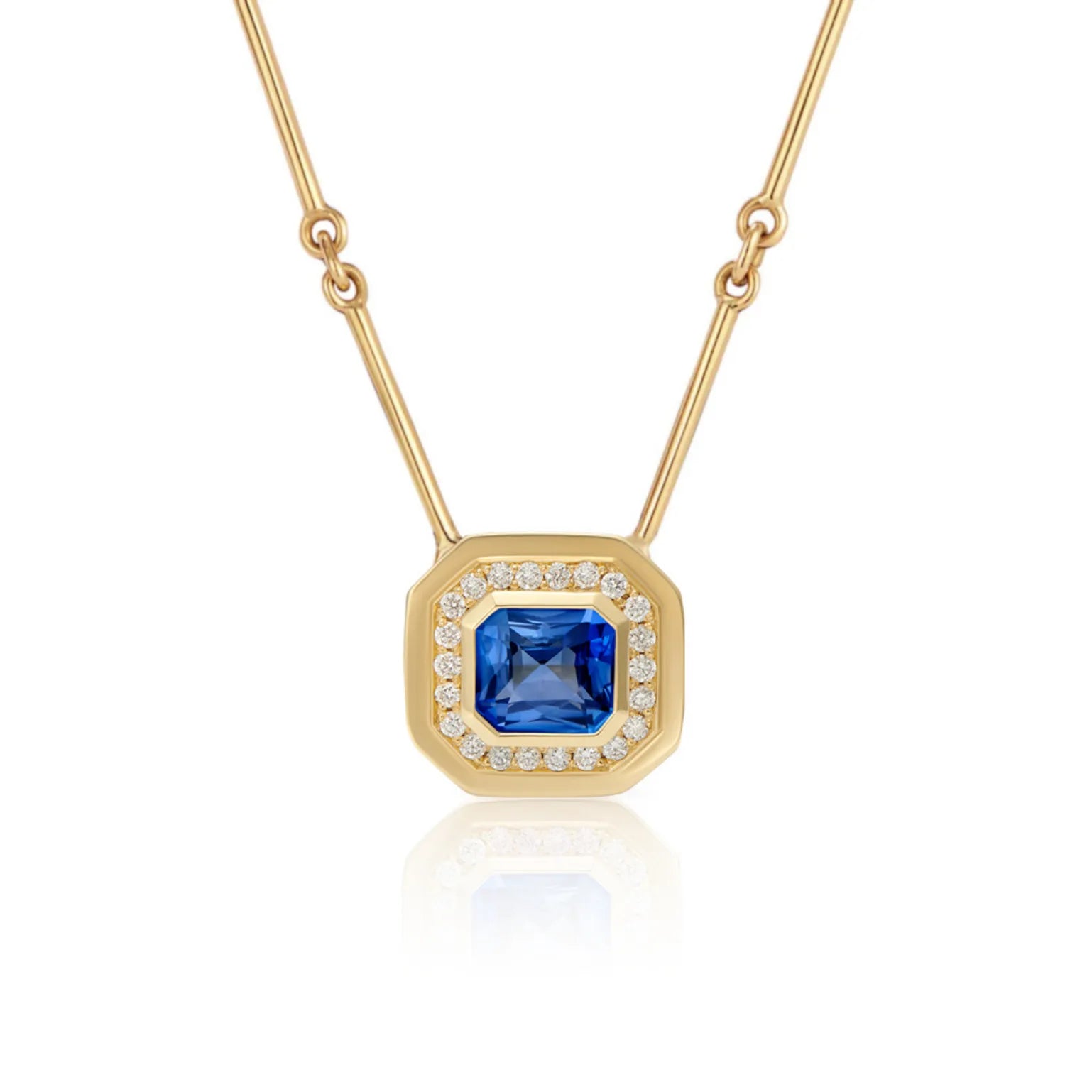Berlin Nights Blue Sapphire Necklace in 18k yellow gold with 2.10ct square octagonal-cut sapphire and 0.30ct diamond halo.