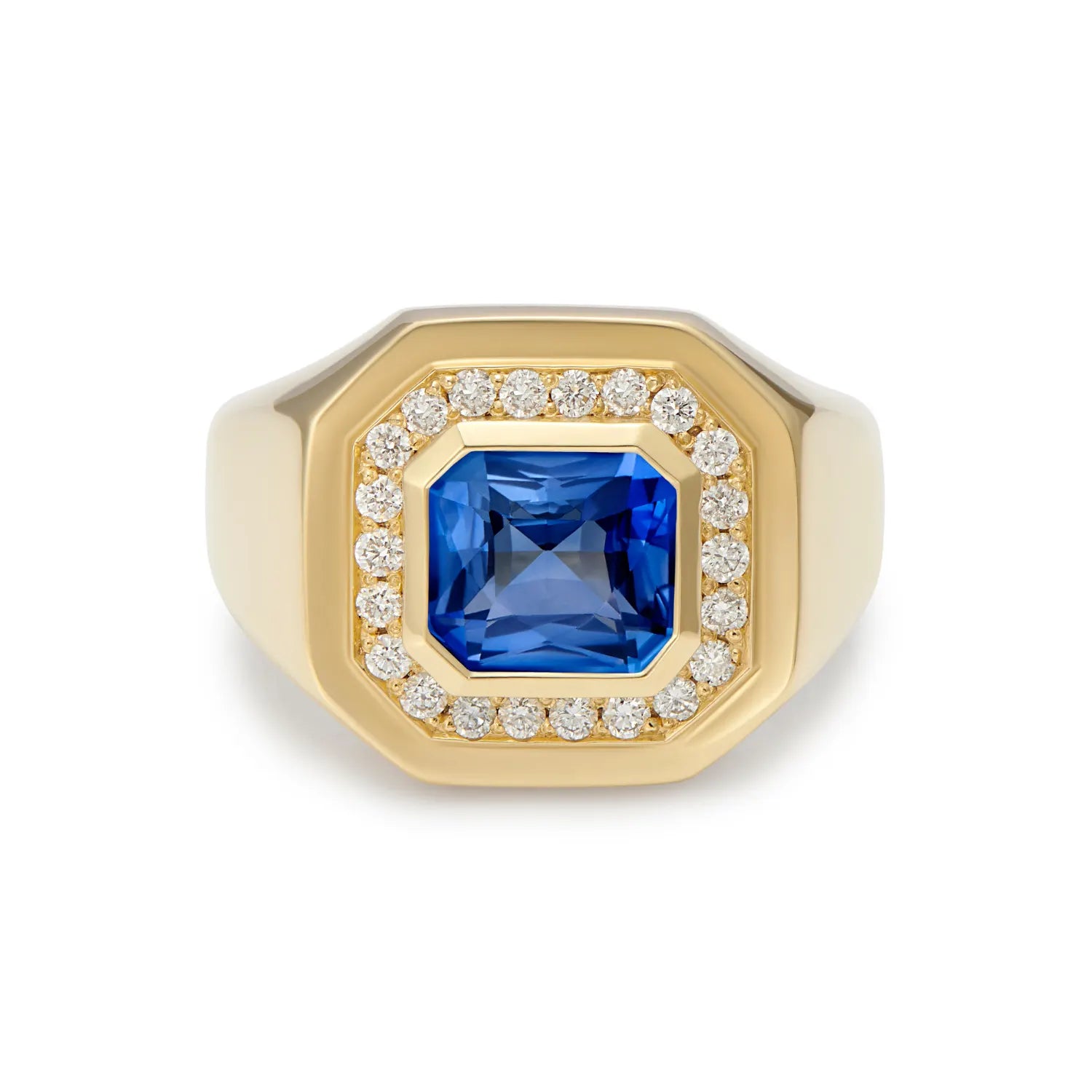 Berlin Nights Blue Sapphire Ring in 18k yellow gold with 2.91ct square octagonal-cut sapphire and 0.35ct diamond halo.