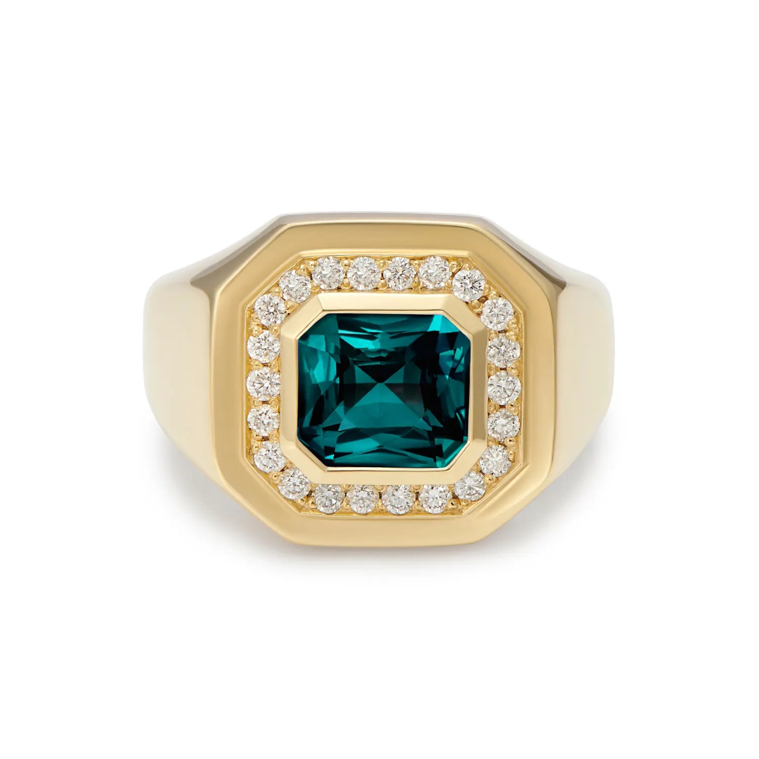 Berlin Nights Indicolite Tourmaline Ring in 18k yellow gold with 2.98ct square octagonal-cut Indicolite tourmaline and 0.35ct diamond halo.