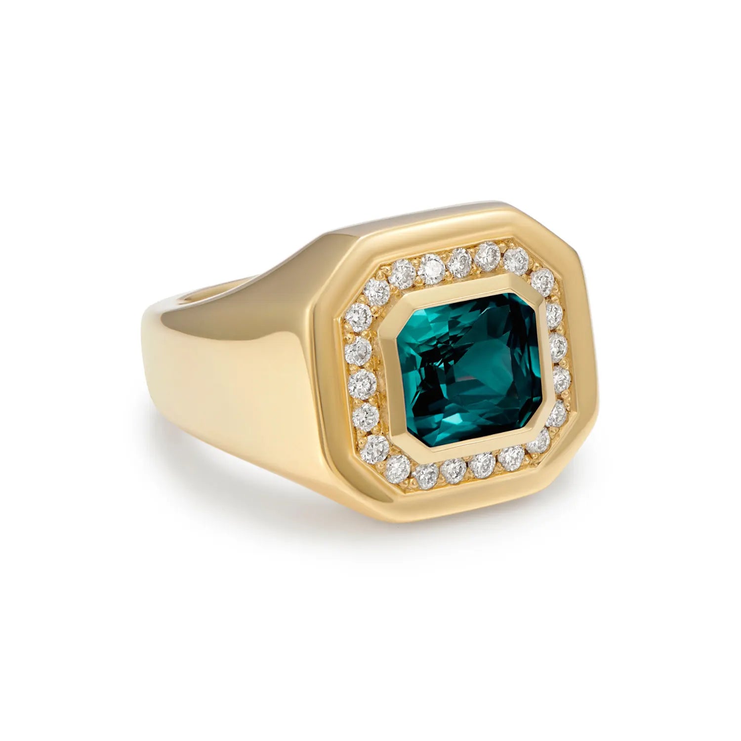 Side view of Berlin Nights Indicolite Tourmaline Ring, 18k gold chunky band, 2.98ct square octagonal-cut tourmaline, 0.35ct diamond halo.
