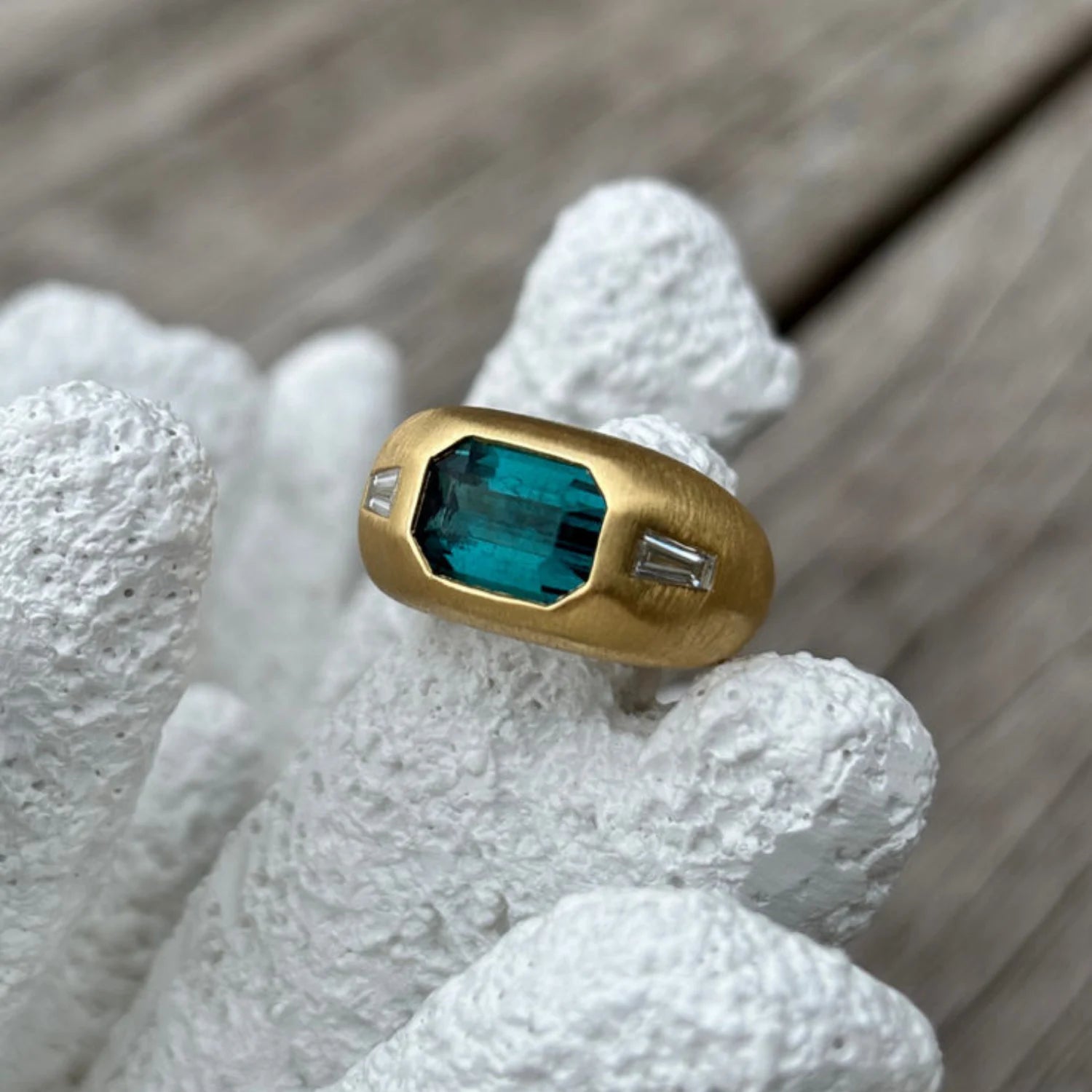 Close-up of Berlin Gypsy Teal Tourmaline Ring showing 3.00ct emerald-cut tourmaline and 0.40ct baguette diamonds in 18k gold