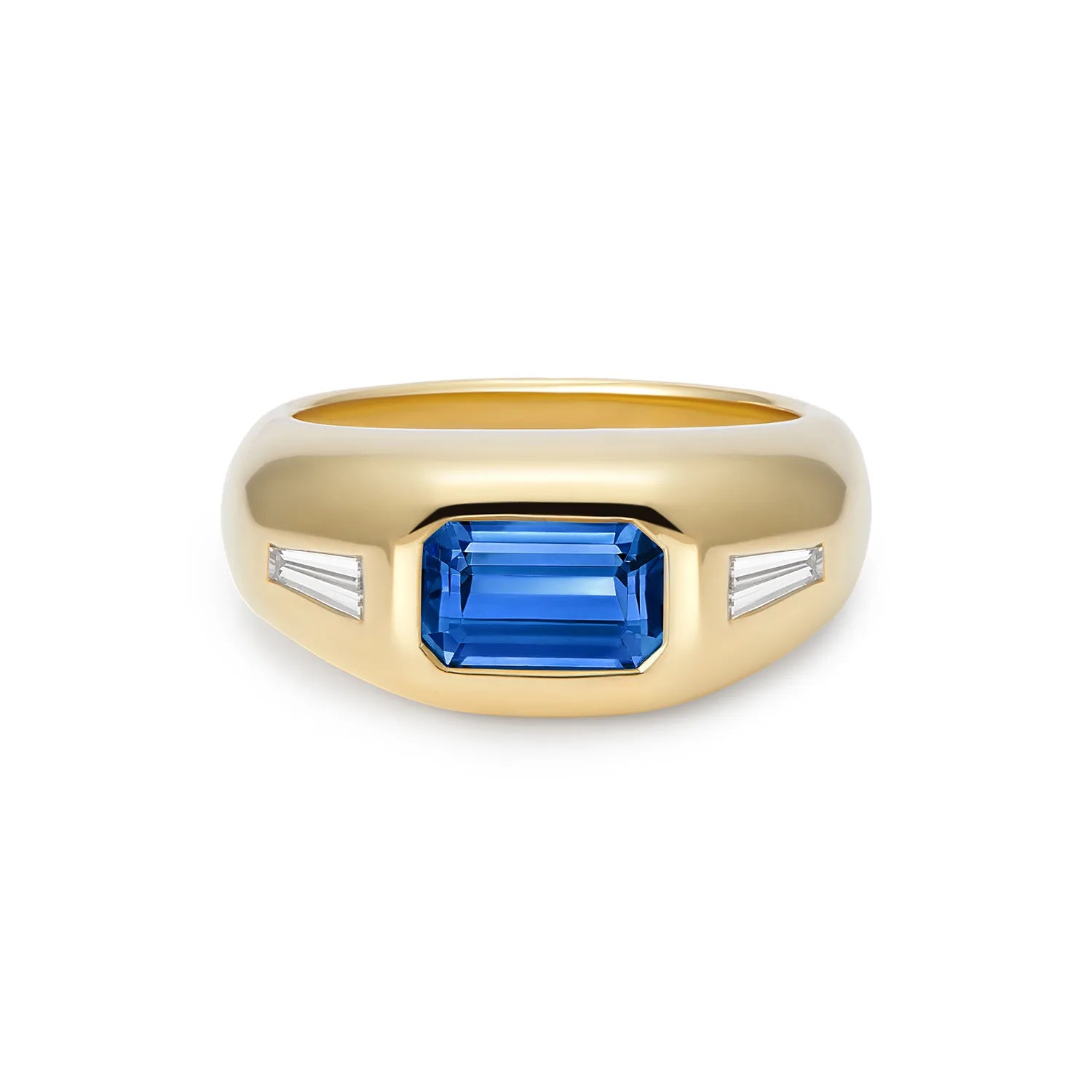 Berlin Gypsy Sapphire Ring in 18k yellow gold with 3.16ct emerald-cut no heat sapphire and 0.40ct baguette diamonds.