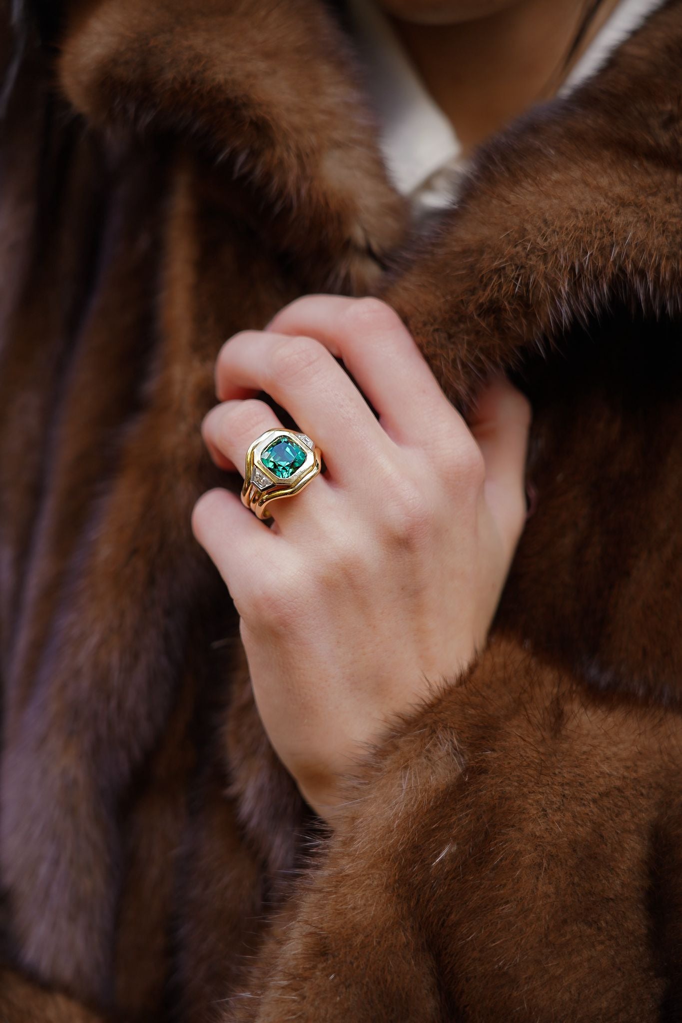 Berlin collection green tourmaline and diamond cocktail ring worn on model by Minka Jewels