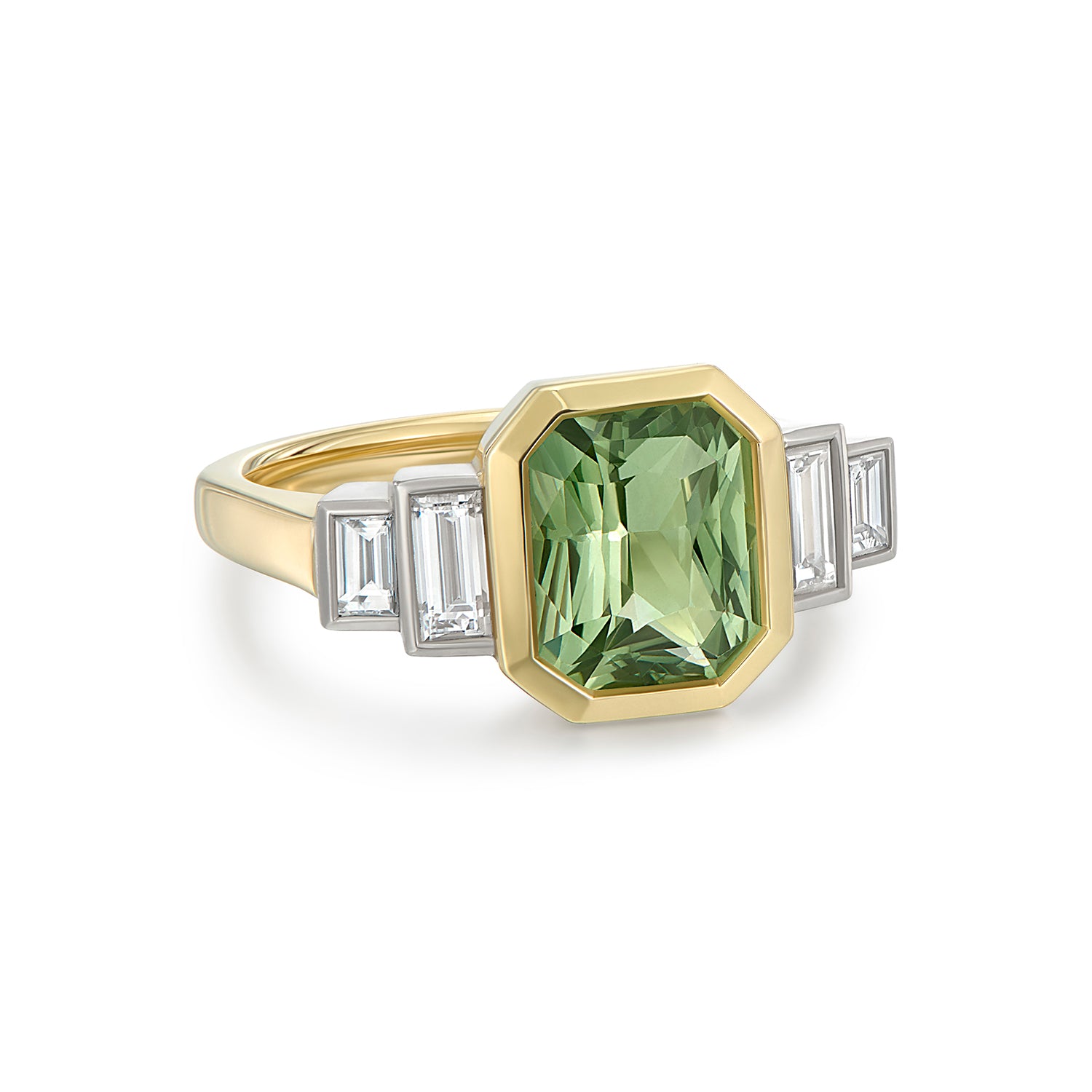 Bridal: Emerald-Cut Green Sapphire and Diamond Ring