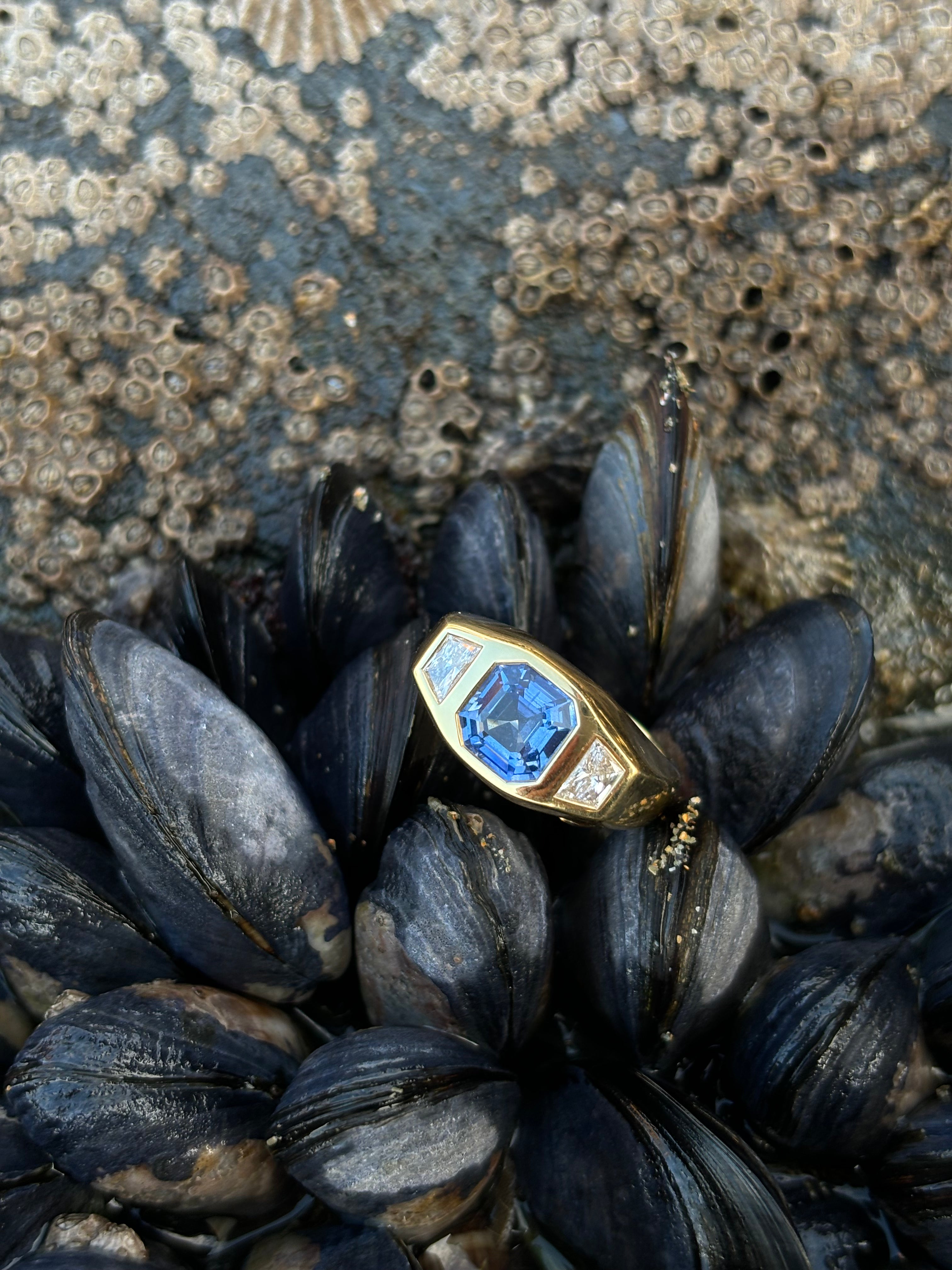 Lifestyle shot of 18k yellow gold engagement ring featuring 2.54ct octagon-cut blue sapphire and 0.50ct trapezoid diamonds